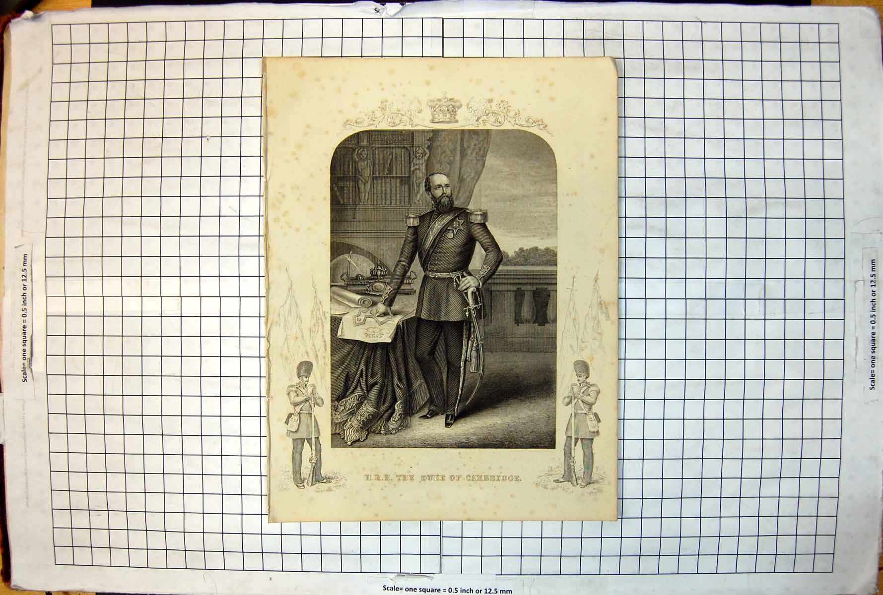 Antique Old Print HRH The Duke Cambridge Studying Fort Map Interior C 1878 19th