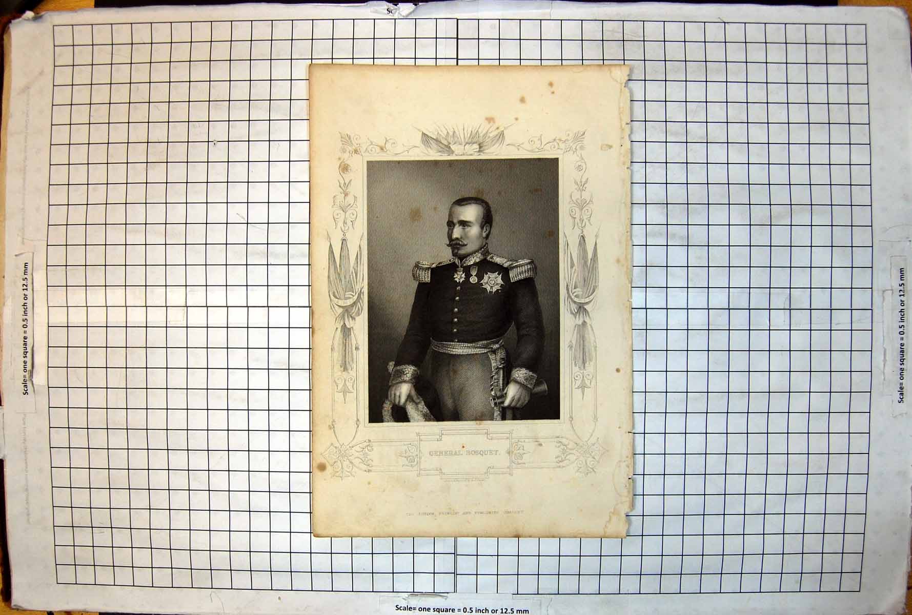 Old Antique Print General Bosquet Drawn Engraved Dj Pound Telescope Hat 18th