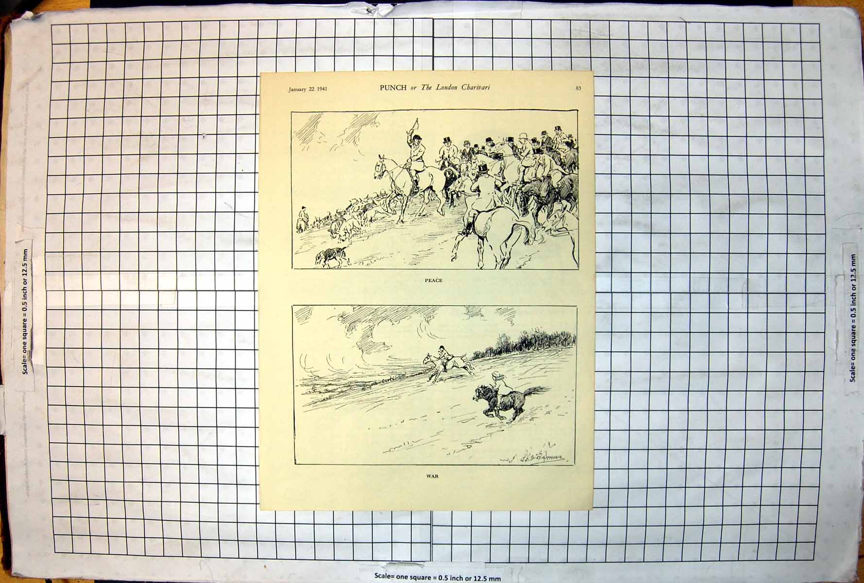 Antique Old Print Peace War Punch Drawings Horses Hounds Chase Riders 1941 20th