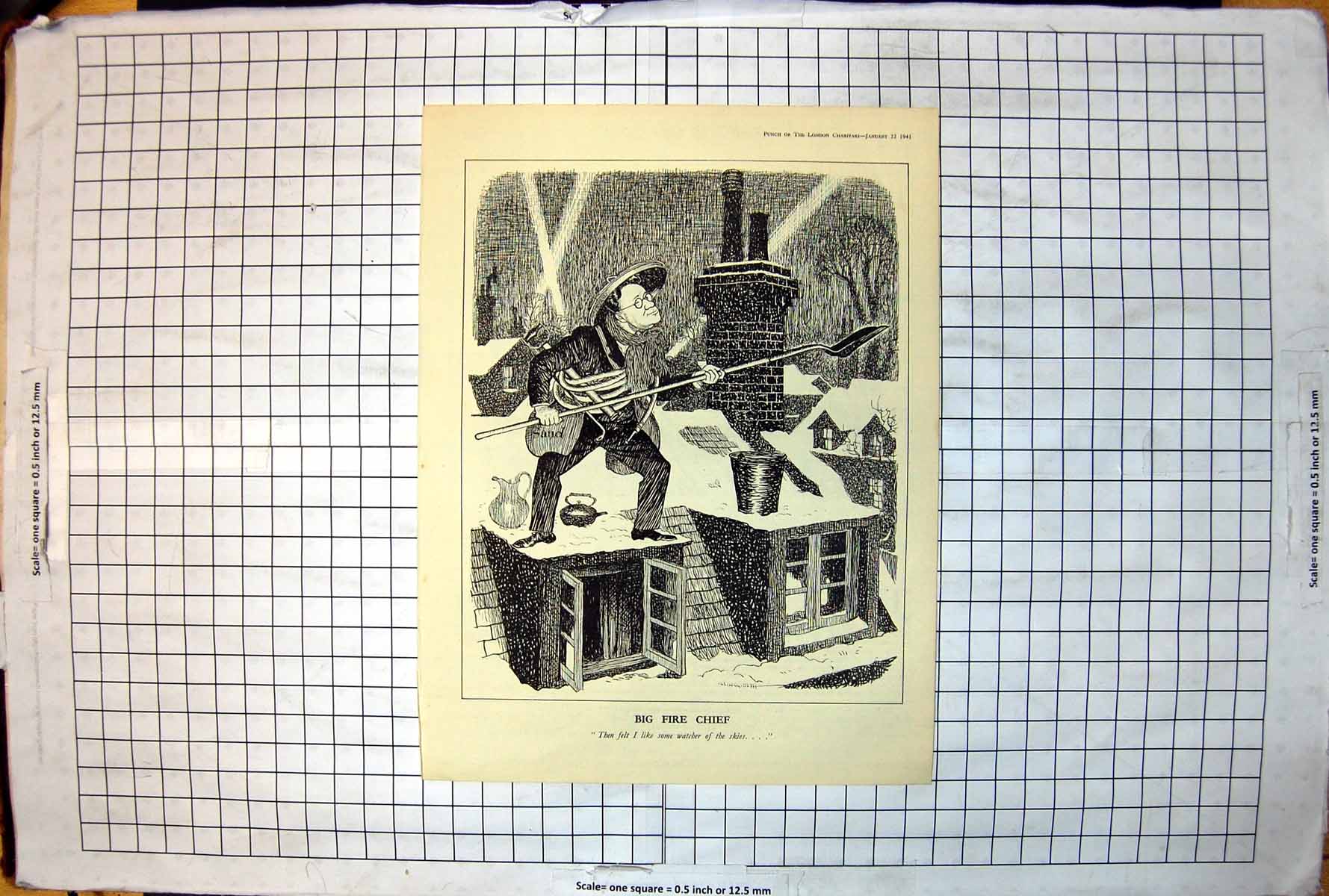Old Print Big Fire Chief Watcher The Skies Rooftop Snow Searchlights 1941 20th