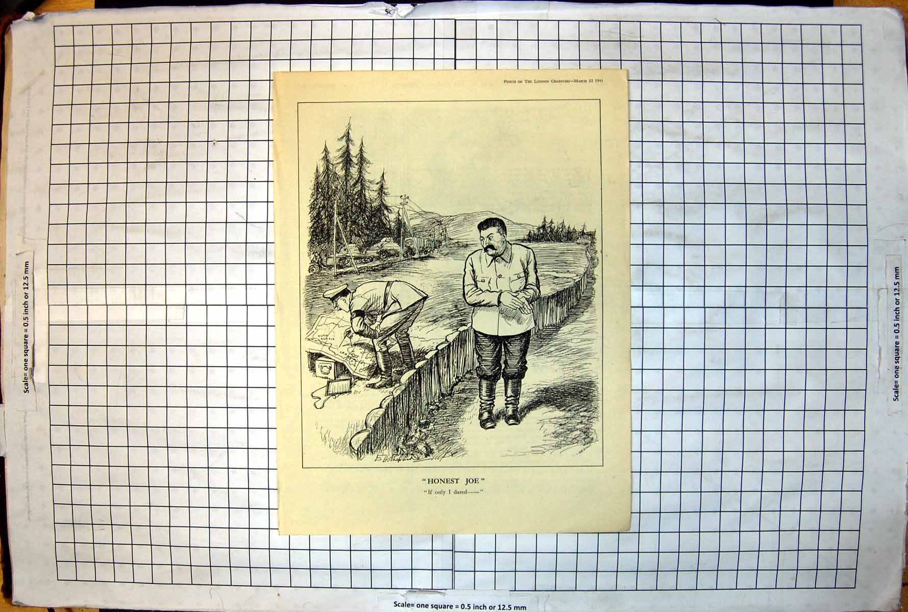 Antique Old Print EH Shepard Honest Joe German Examining Map Bent Down 1941