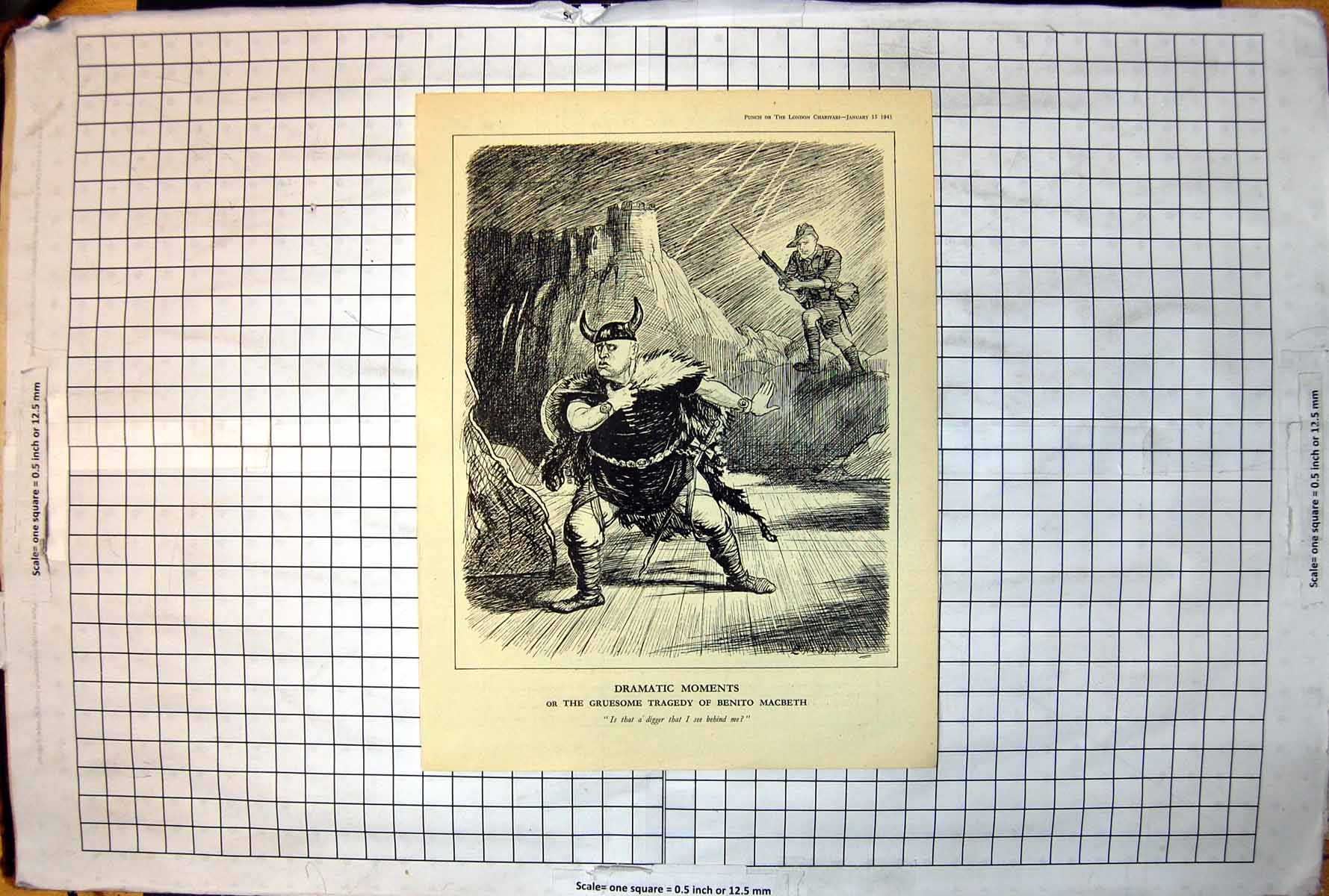 Antique Old Print Punch Gruesome Tragedy Benito Macbeth Digger Behind Me 1941