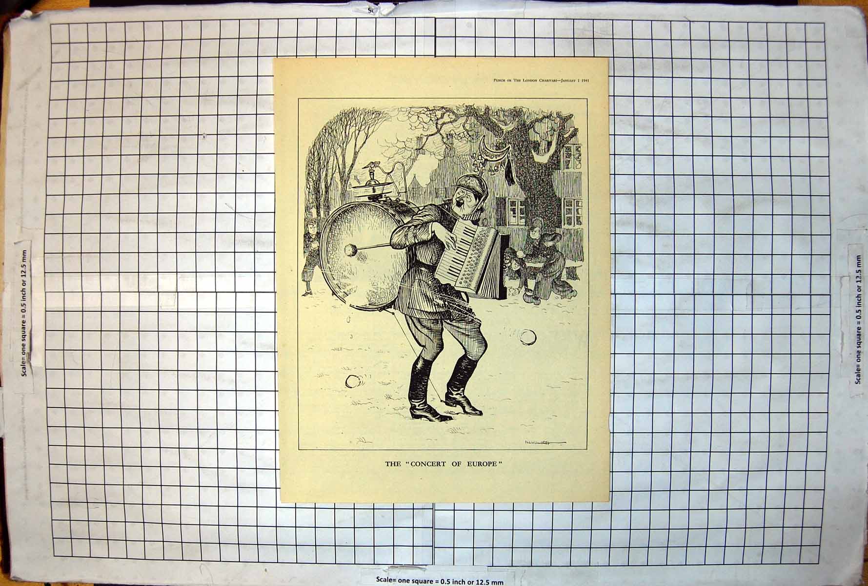 Antique Print Concert Europe One Man Band Playing Snow Boys Snowballs 1941 20th