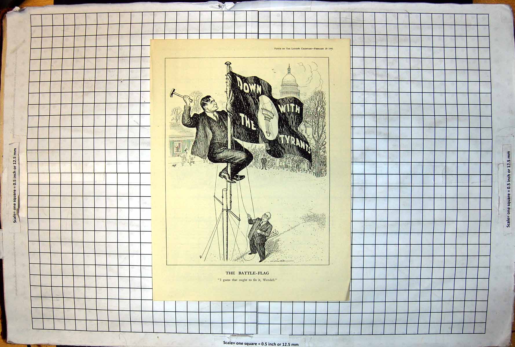 Old Punch Cartoon Down With Tyrants Nailing Up Flag Lease & Lend 1941 20th