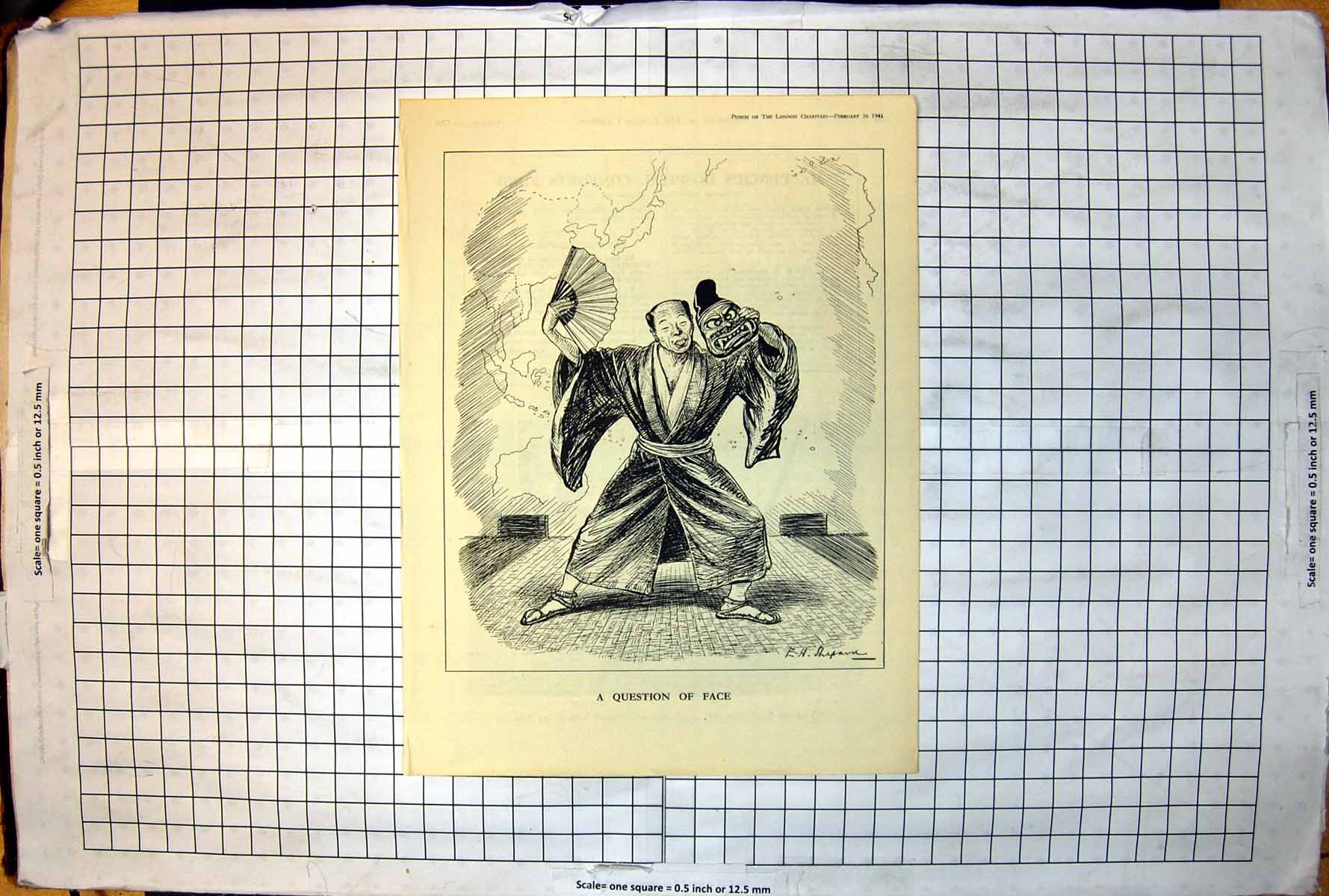 Antique Old Print EH Shepard A Question Face Oriental Man Fan Mask Punch 1941