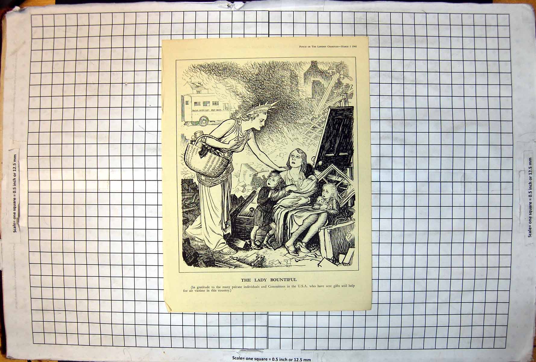 Antique Print Lady Bountiful Illingworth Gifts Victims Air Raids Punch 1941