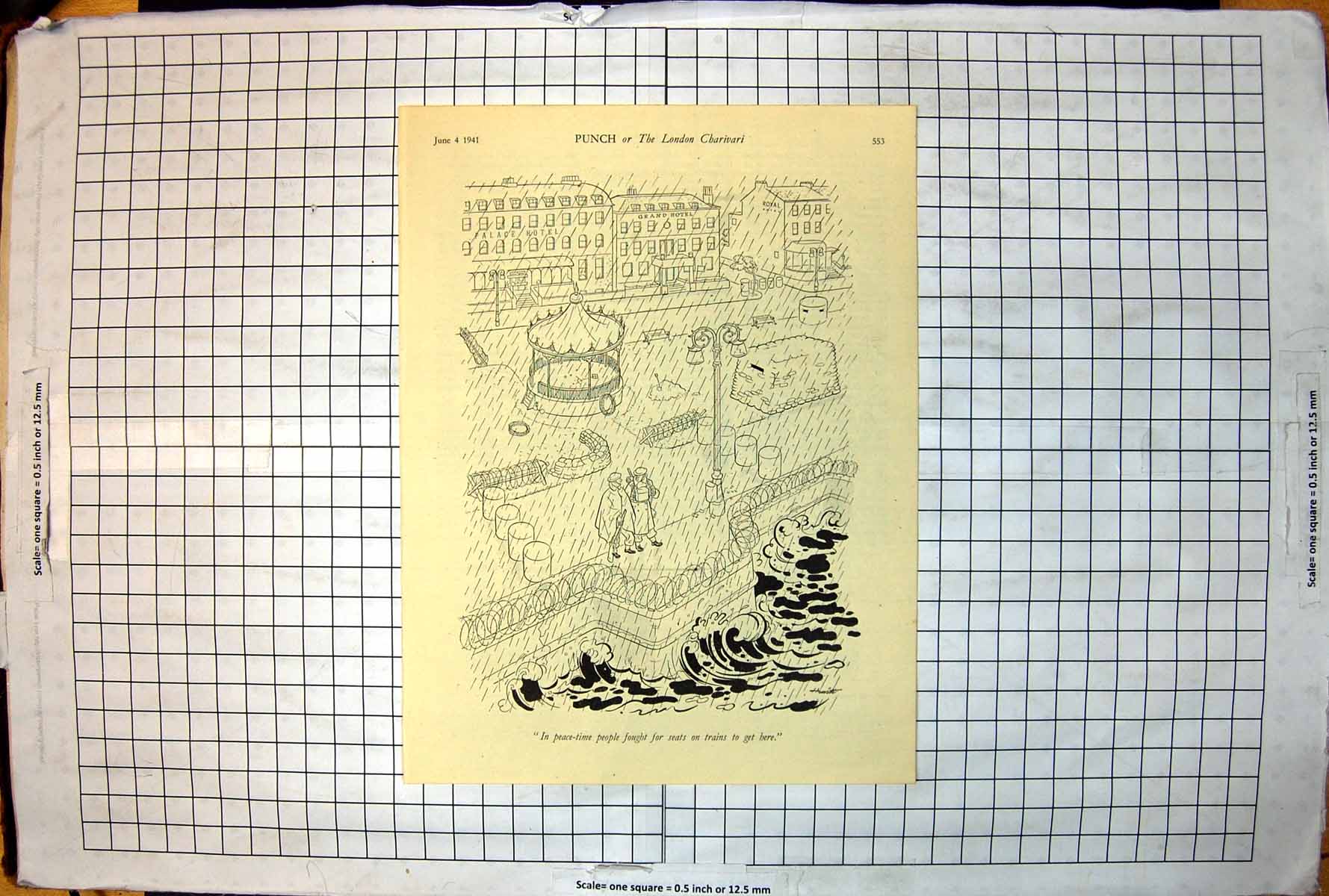 Antique Old Print Homefront Seaside Bollards Barbed Wire Punch Cartoon 1941