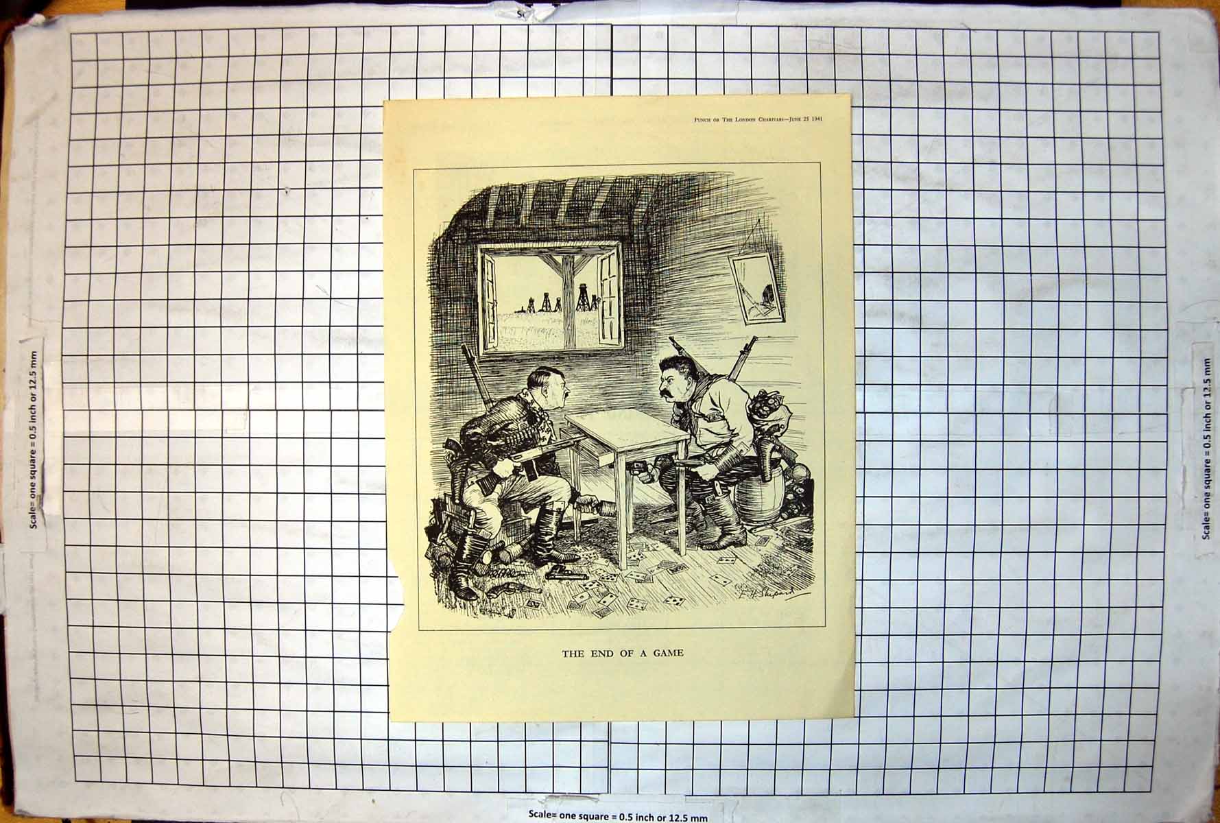 Antique Print End Game Hitler Cards Guns Ammo Under Table Gantry Punch 1941
