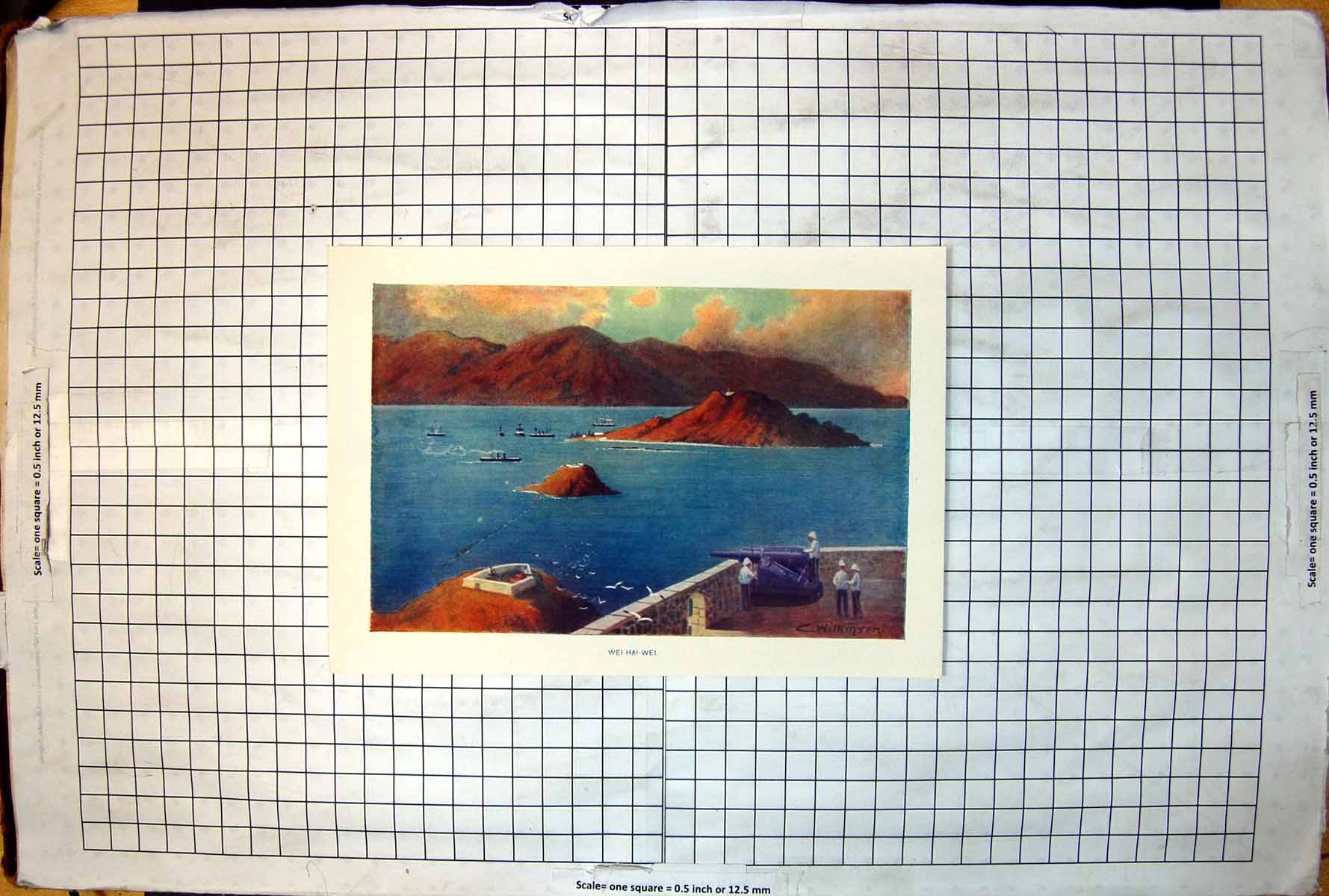 Old Print Wei-Hai-Wei C Wilkinson Fort Guns Hillside Position Steamships