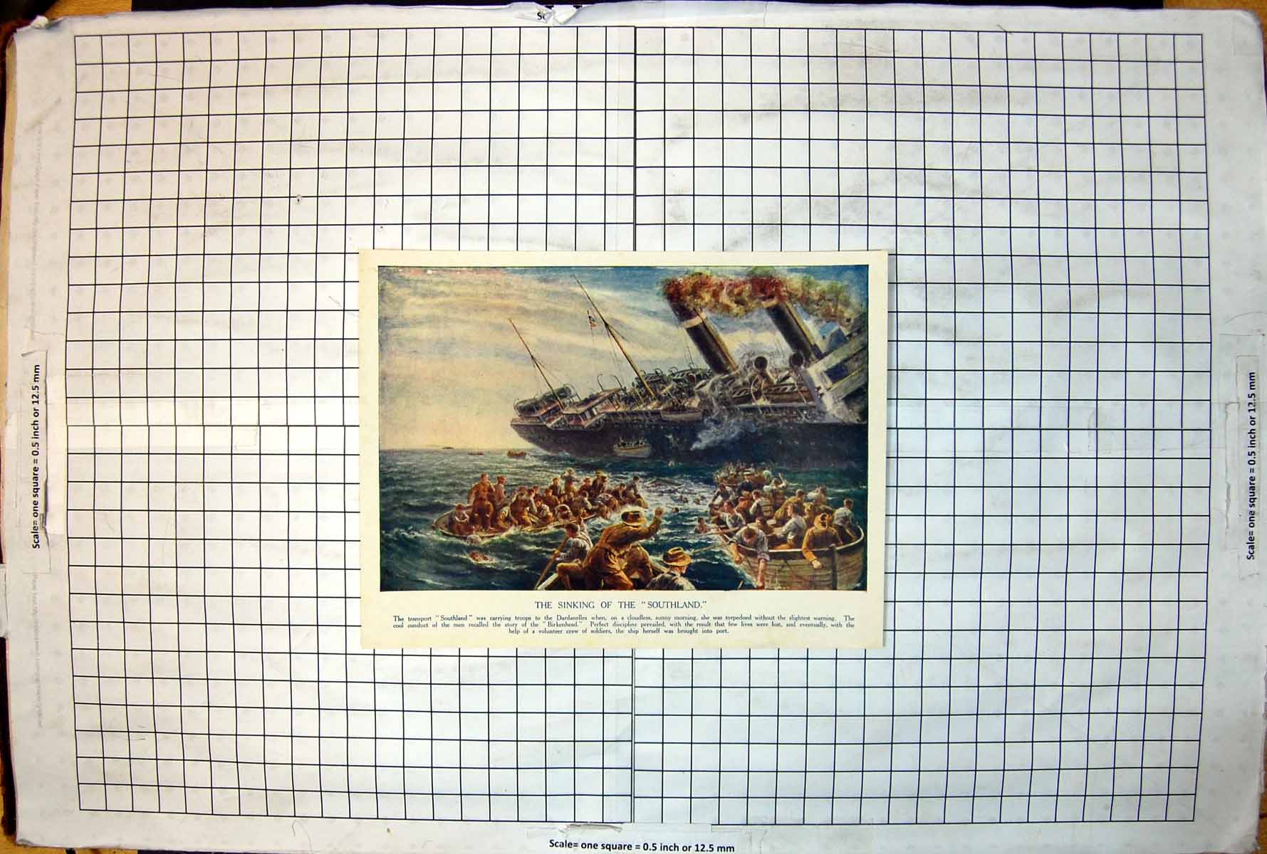 Antique Old Print Sinking Southland Carrying Troops To Dardenelles Lifeboats