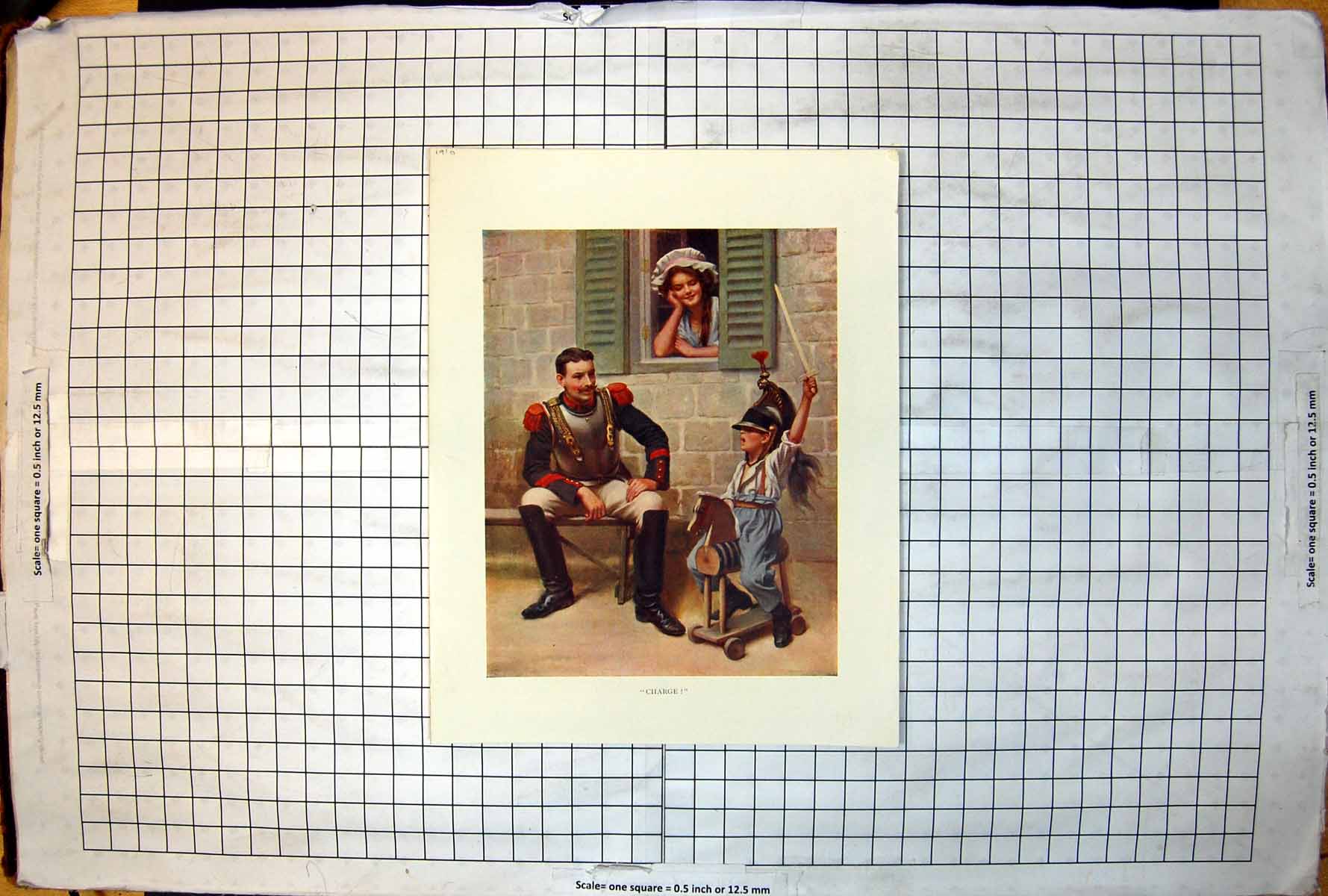 Old Print Charge Child Rides Toy Horse Wearing Father'S Helmet Edwardian