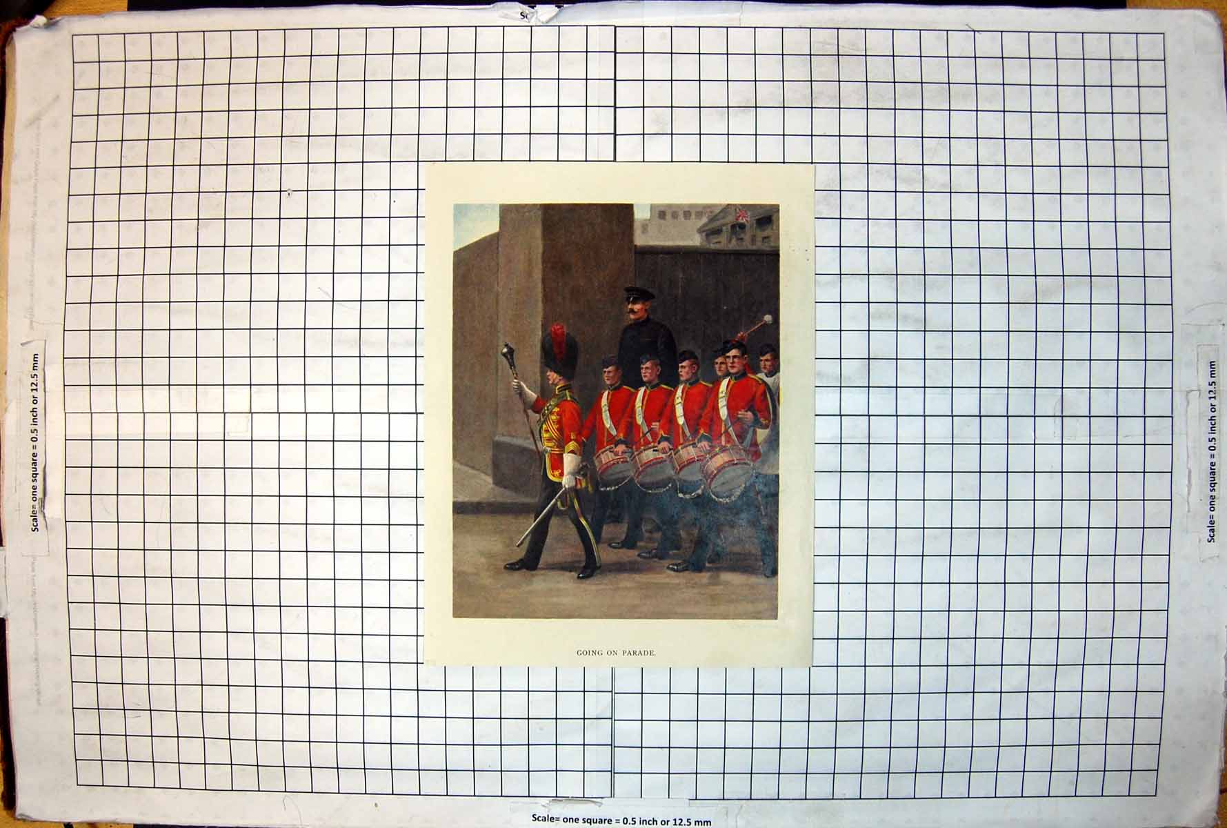 Antique Print Going On Parade Siers Drums Led Officer Bearskin Colour 1900 20th