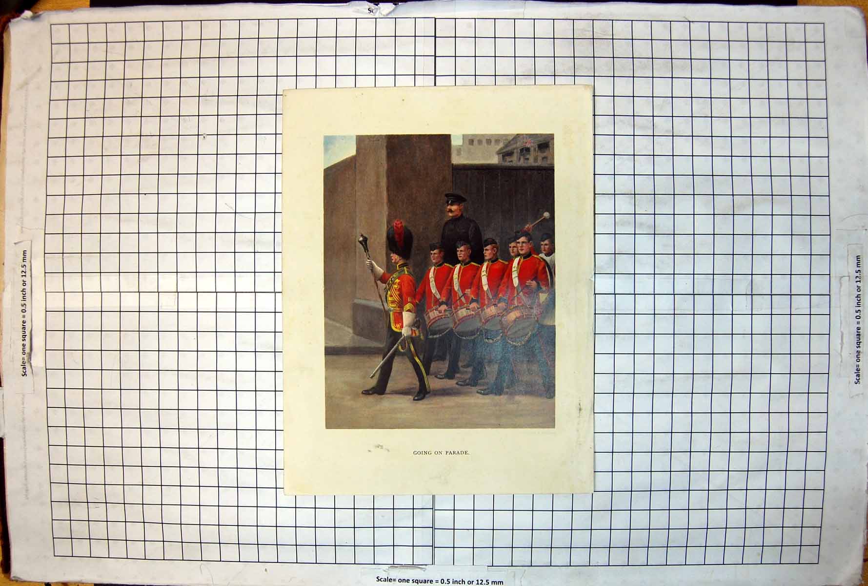 Antique Print Officer Leading Drummers On Parade Past Barracks Colour Study