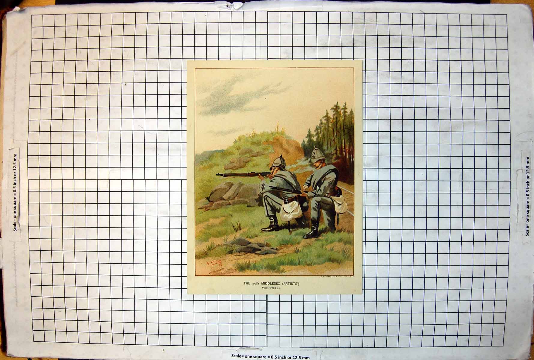 Antique Print Volunteers 20th Middlesex Artists Firing Rifle Hillside Trees