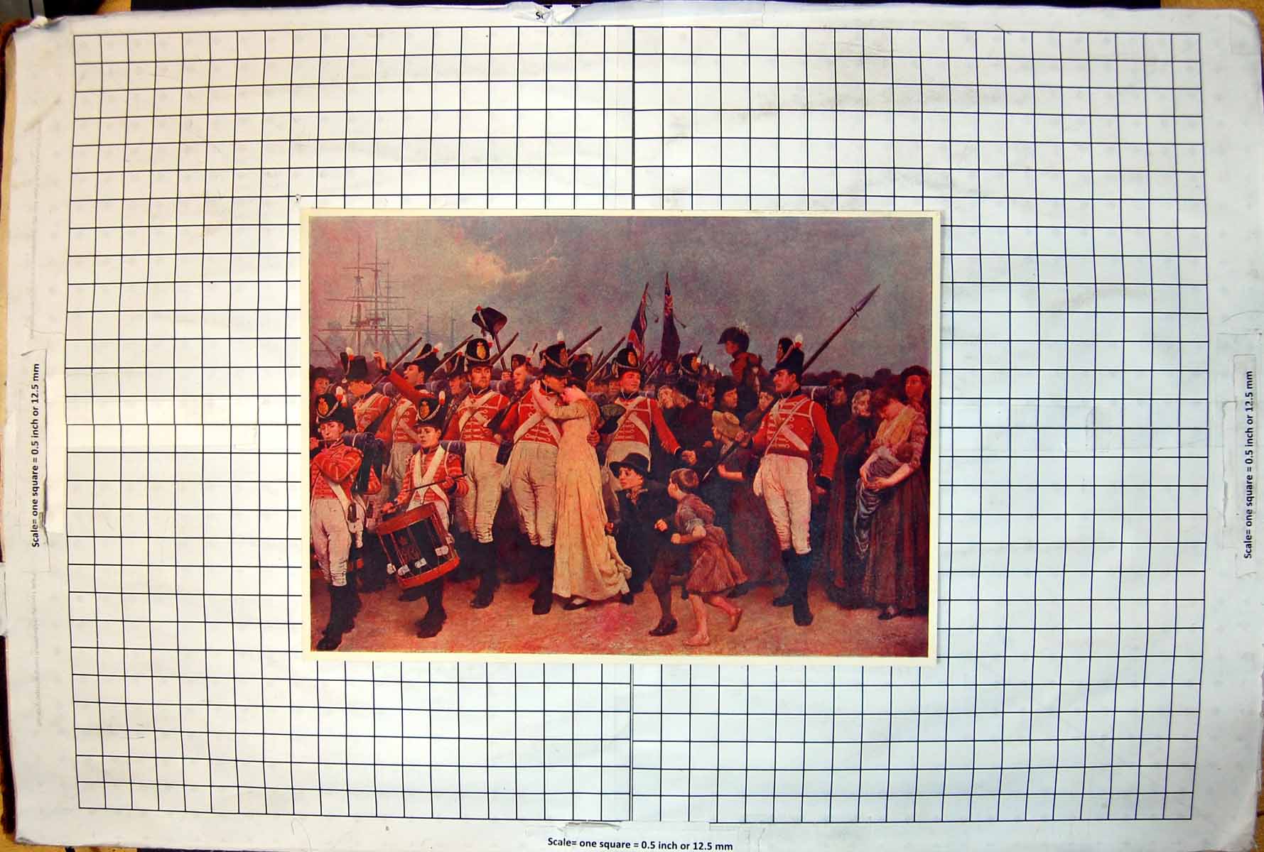 Old Print Loved Ones Going To War Pipe Drums Troops Sailing Ships Helmets