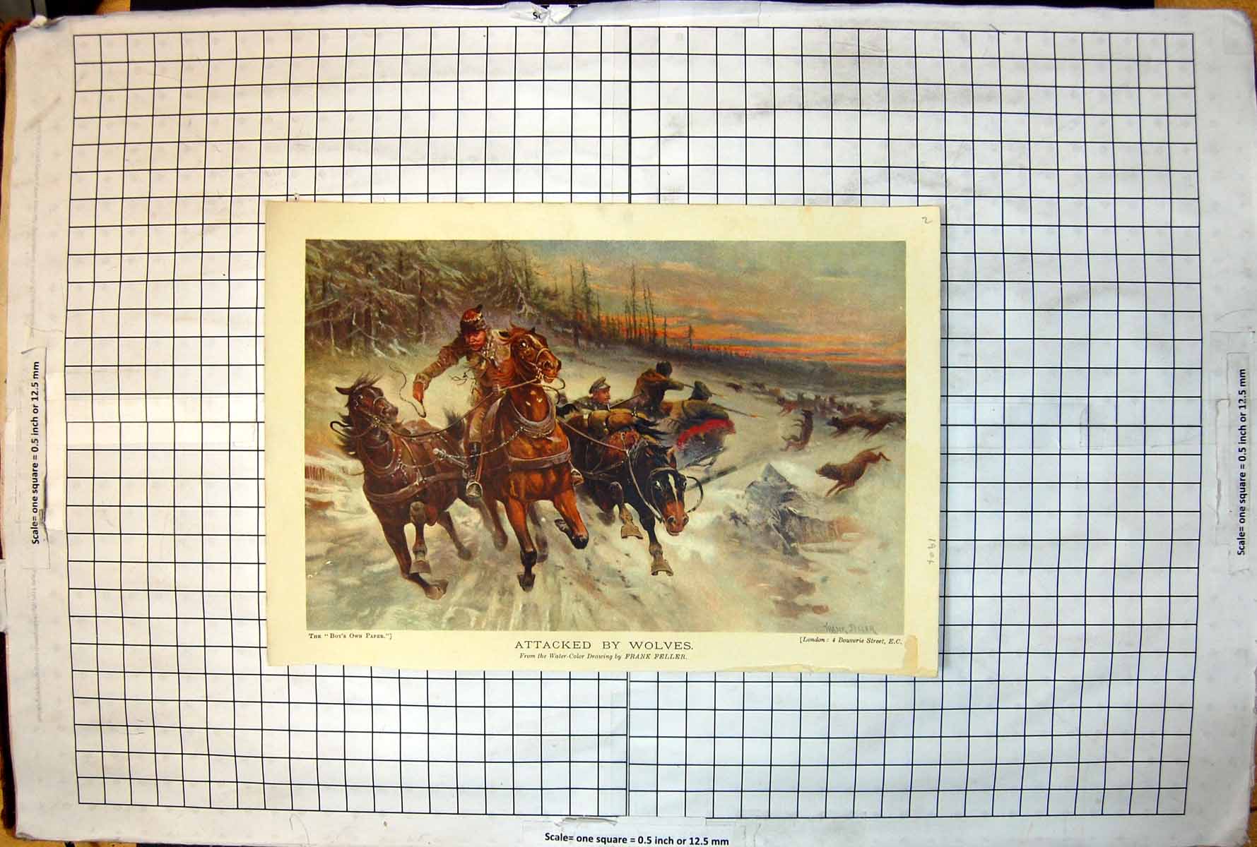 Antique Old Print Attacked By Wolves From Frank Feller Watercolour Drawing