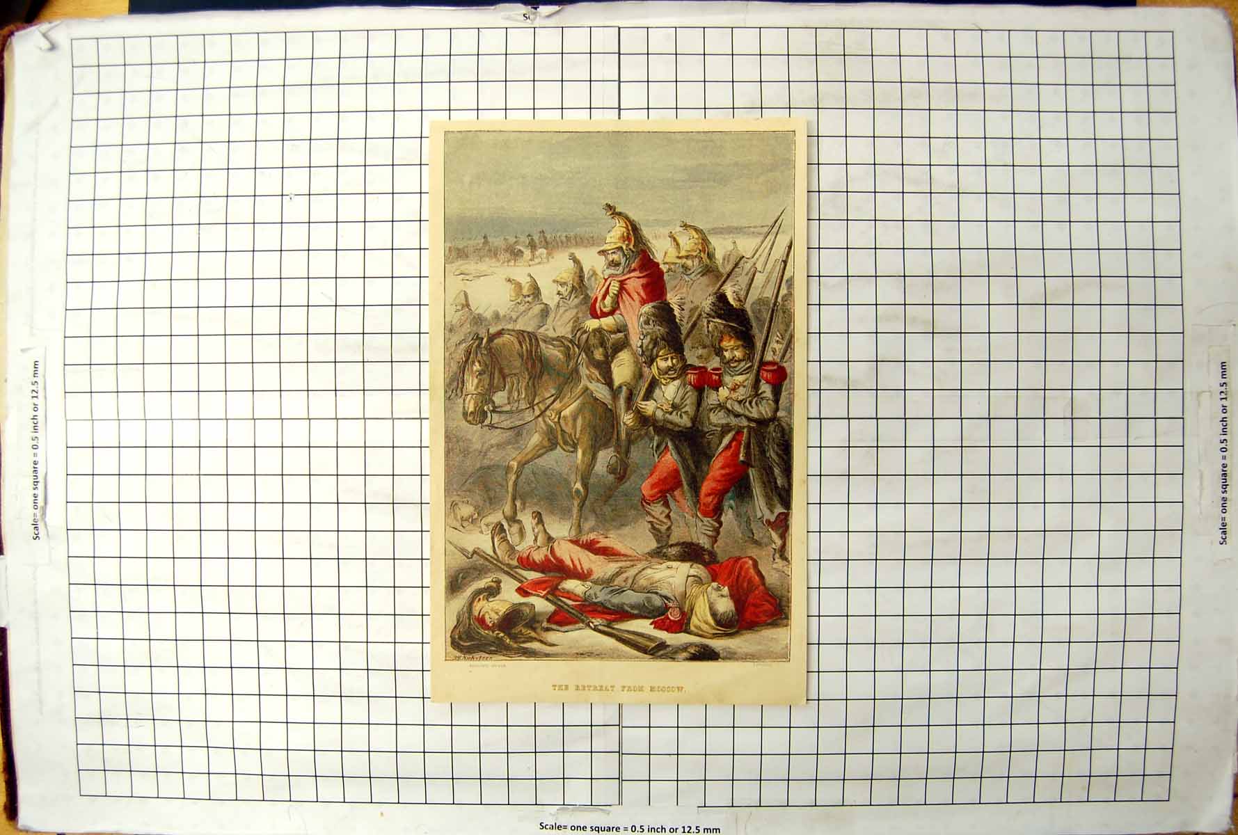 Original Old Antique Print Retreat From Moscow Masses Siers Marching Horseback