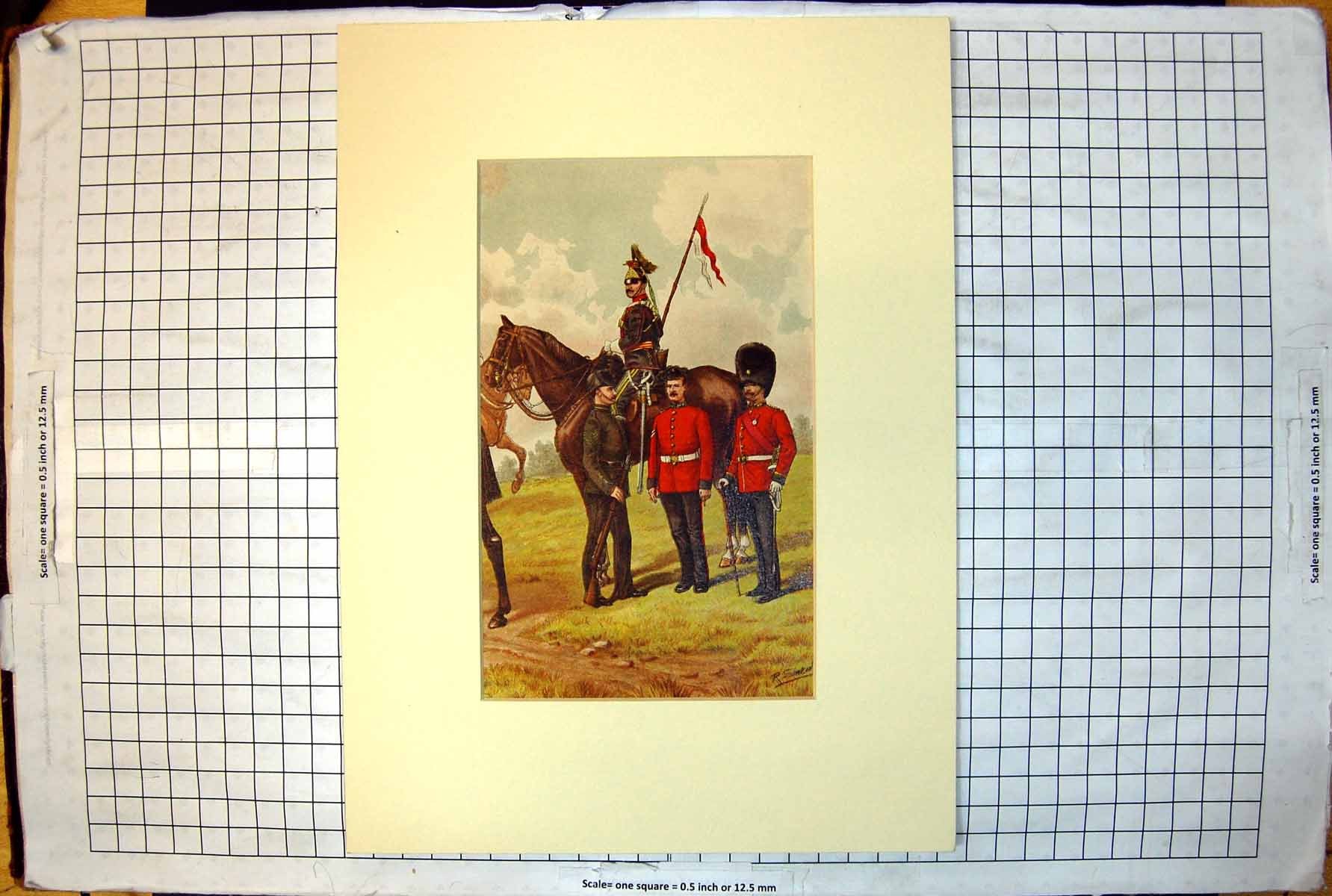 Original Old Antique Print Siers Uniforms Rifle Horseback Flag R Simkin