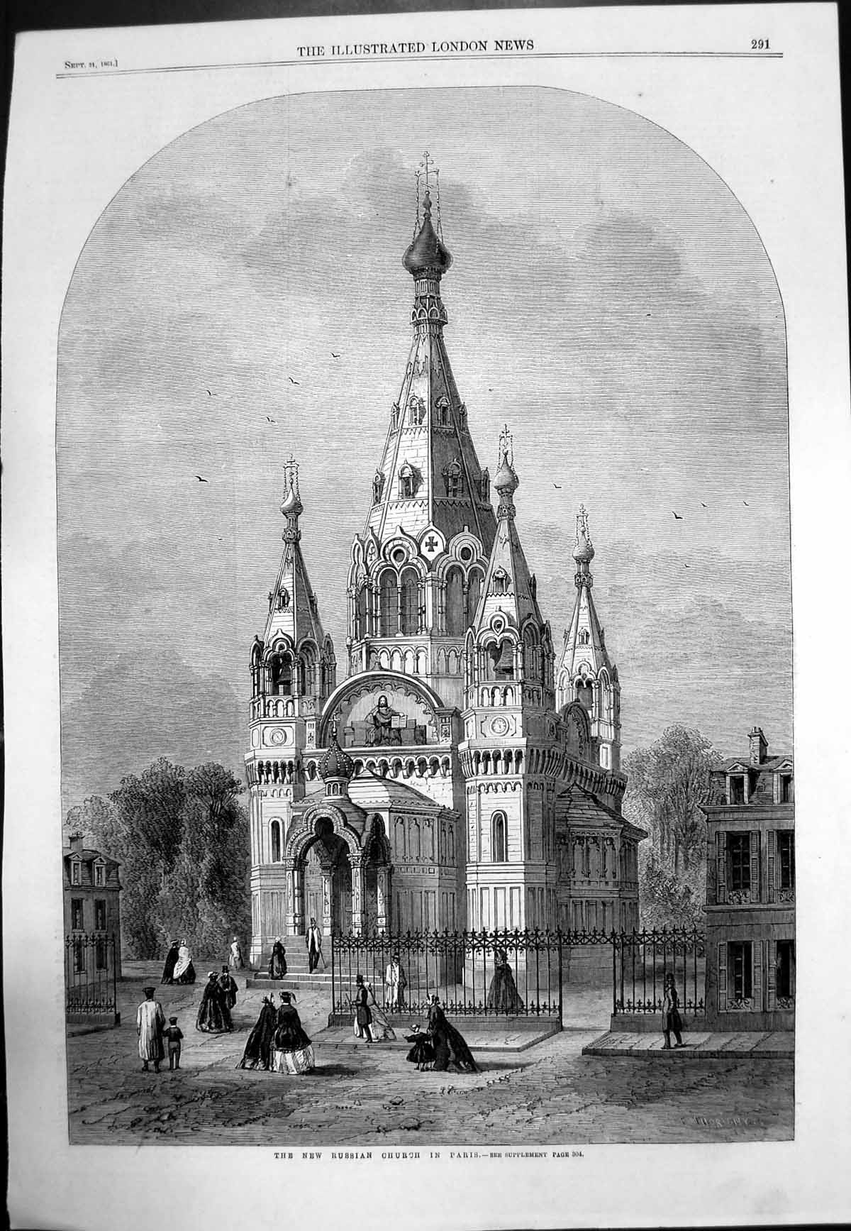 Original Old Antique Print New Russian Church Paris Church Attenders 1861 19th