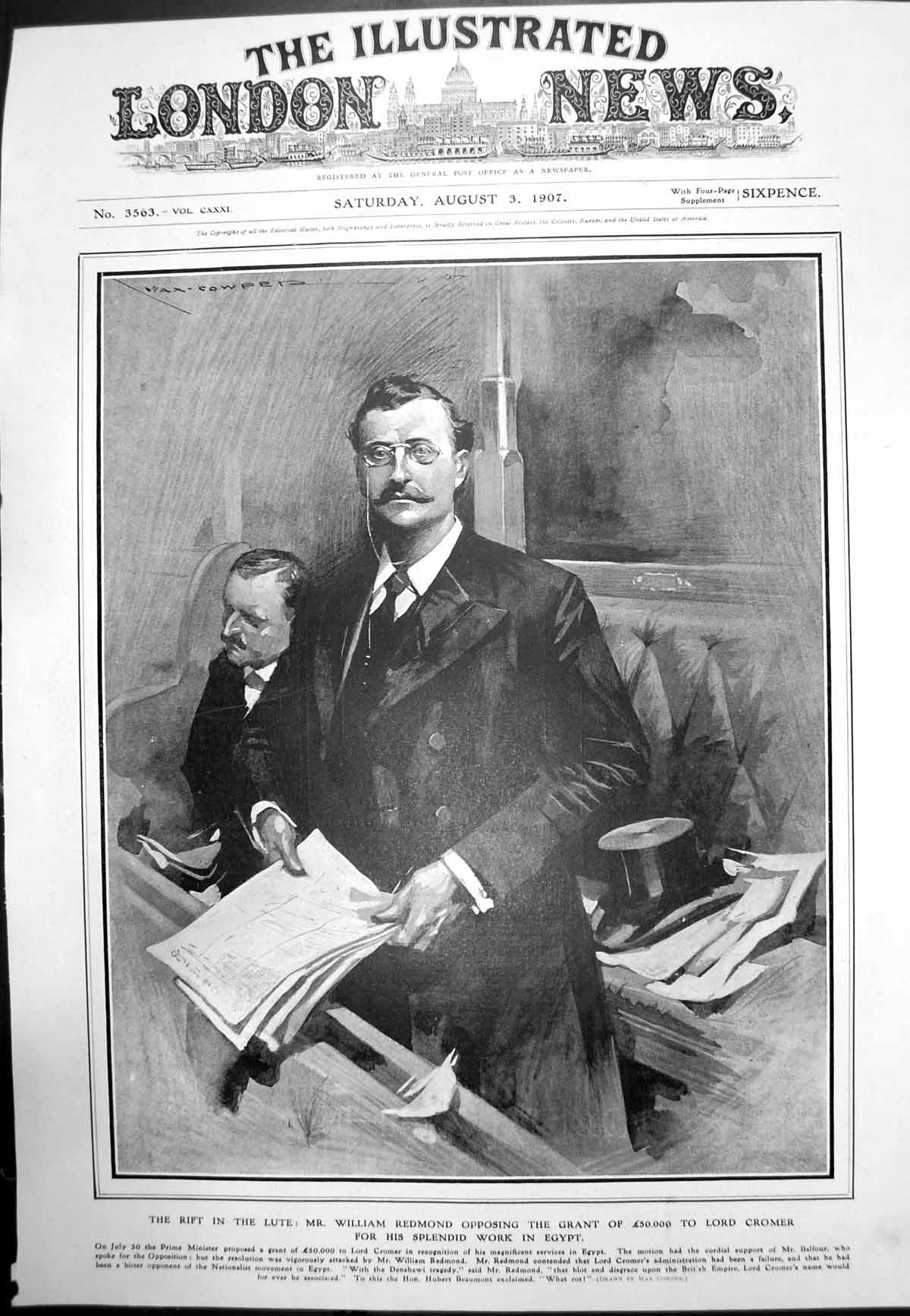 Antique Old Print Rift Lute William Redmond Opposing Grant Lord Cromer 1907
