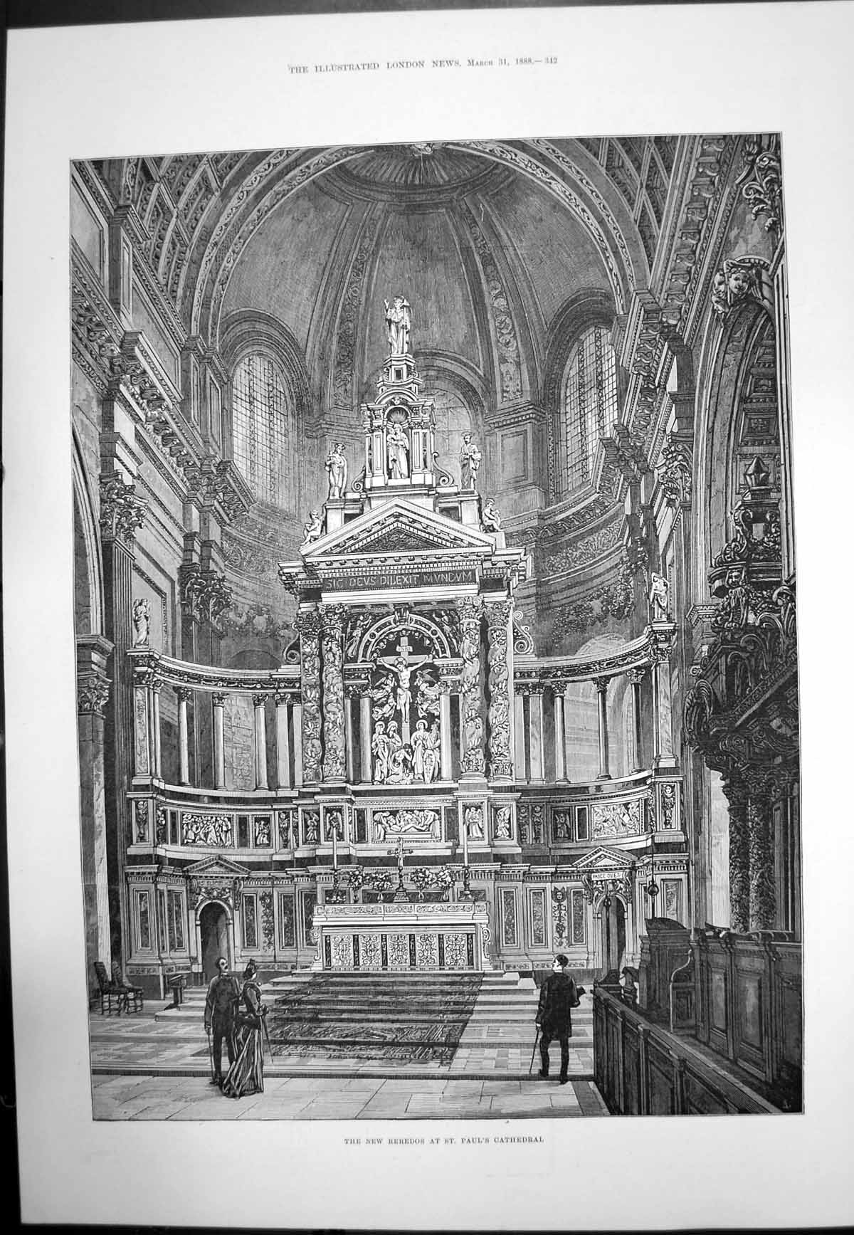 Original Old Antique Print New Reredos St Pauls Cathedral Interior 1888 19th