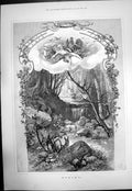 Original Old Antique Print Spring Woodland Scene Stream Rabbits Birds Hens 1888