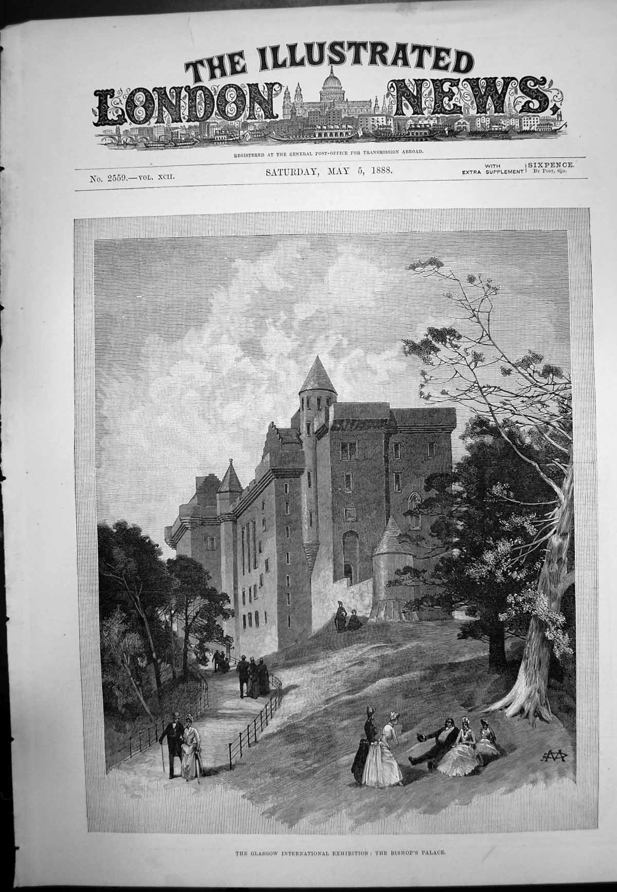 Original Old Antique Print Glasgow International Exhibition Bishops Palace 1888