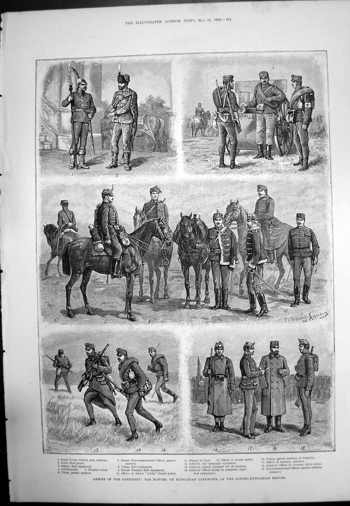 Old Antique Print Armies Continent Hungarian Landwehr Austro Hungary 1888 19th