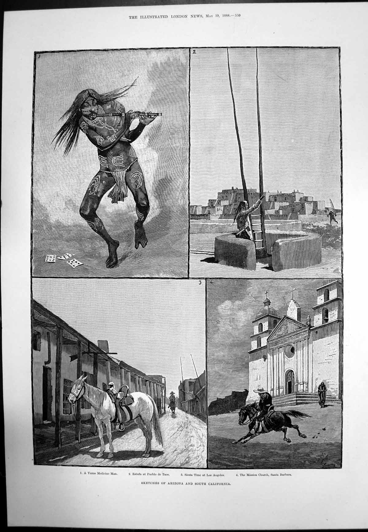 Antique Old Print Sketches Arizona South California Santa Barbara Yuna 1888