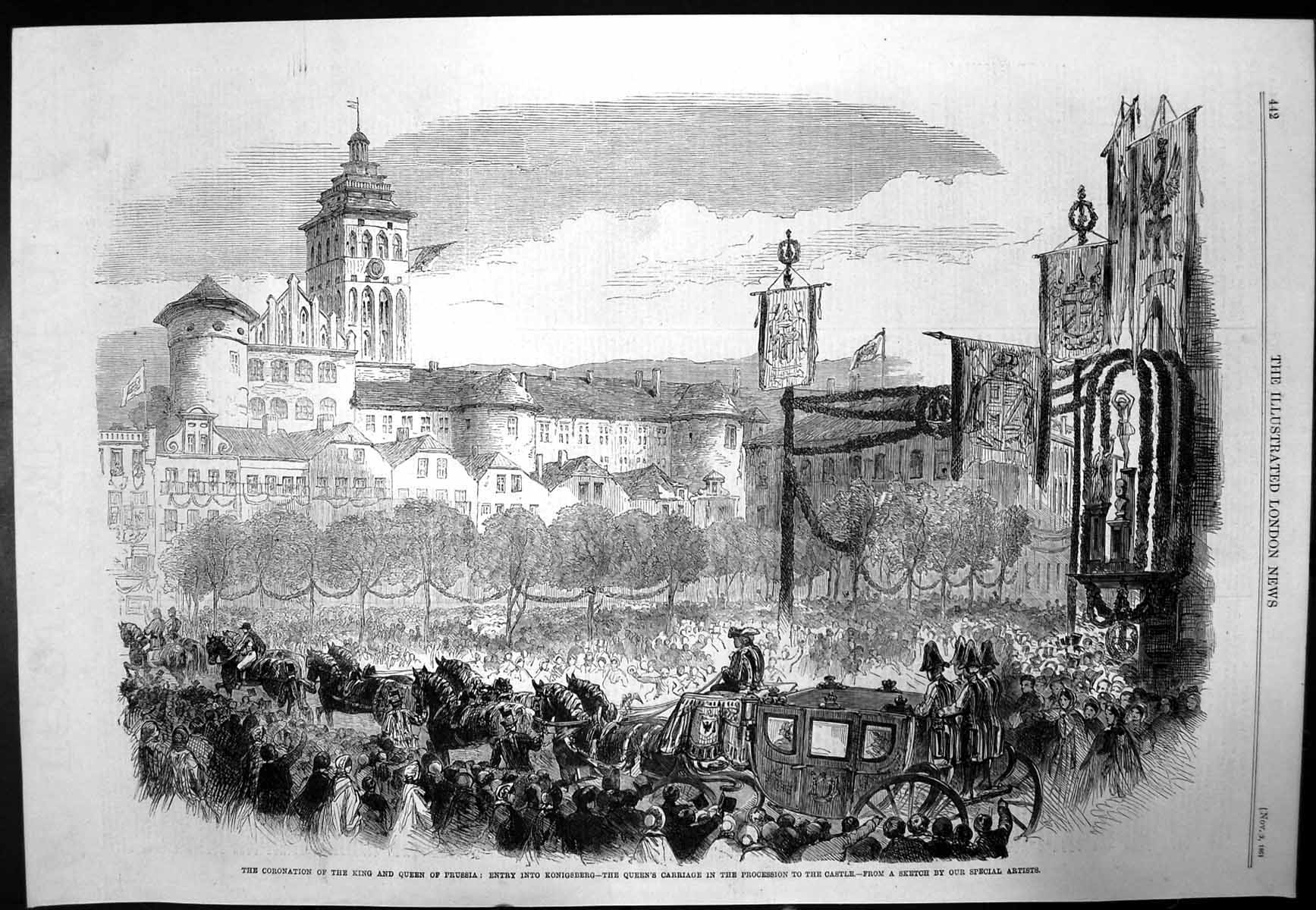Antique Old Print Coronation King Queen Prussia Entry Konigsberg Castle 1861