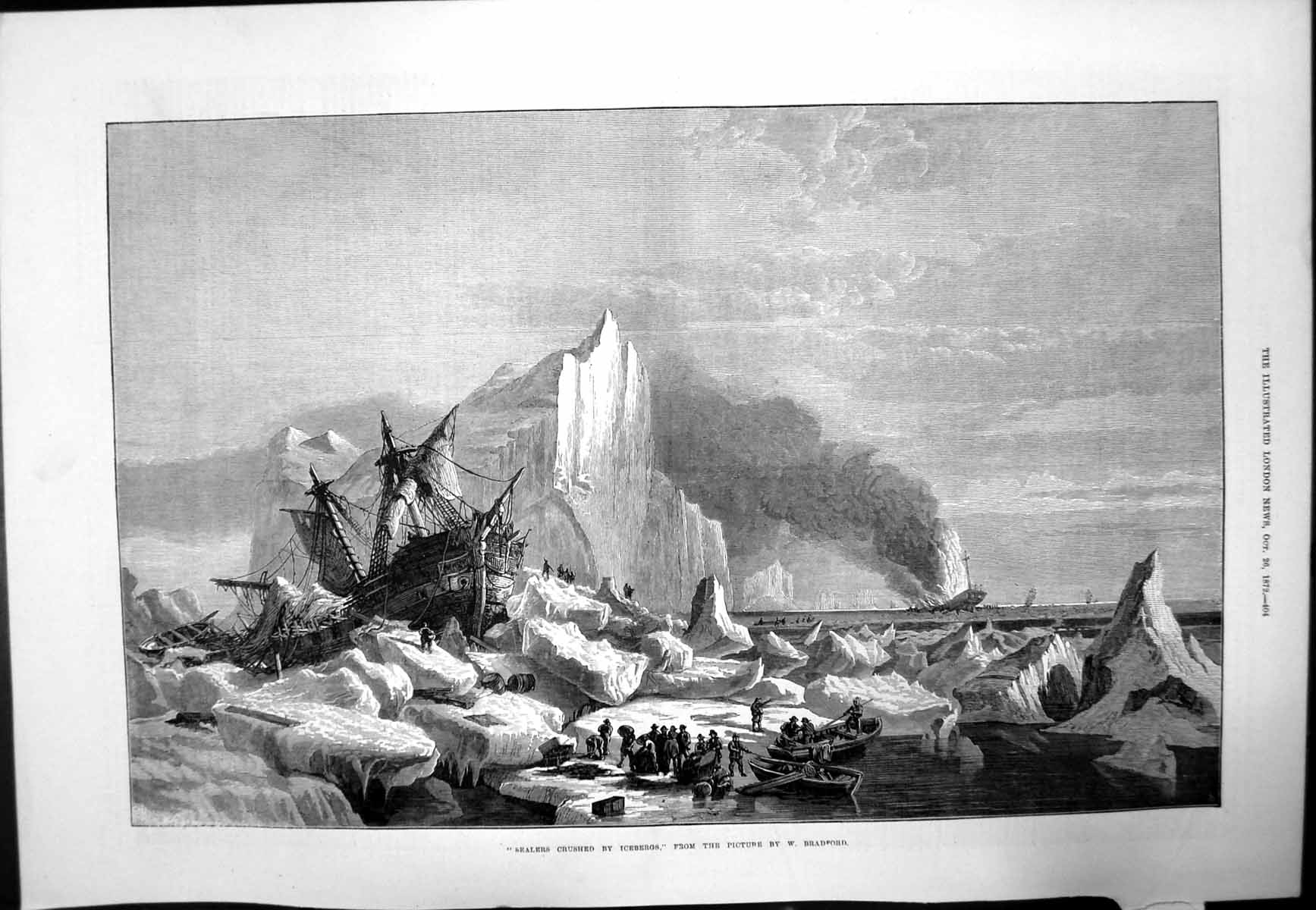 Antique Old Print Sealers Crushed By Icebergs W Bradford Wrecked Ship 1872 19th