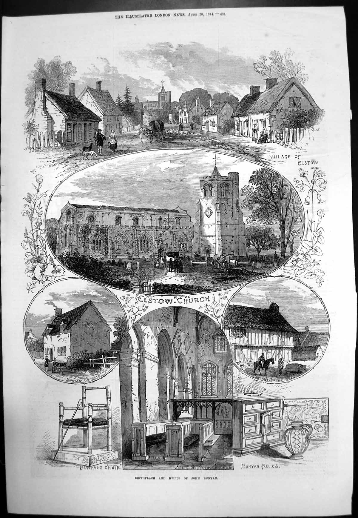 Antique Old Print Birthplace John Bunyan Elstow Church Relics Cottage 1874 19th