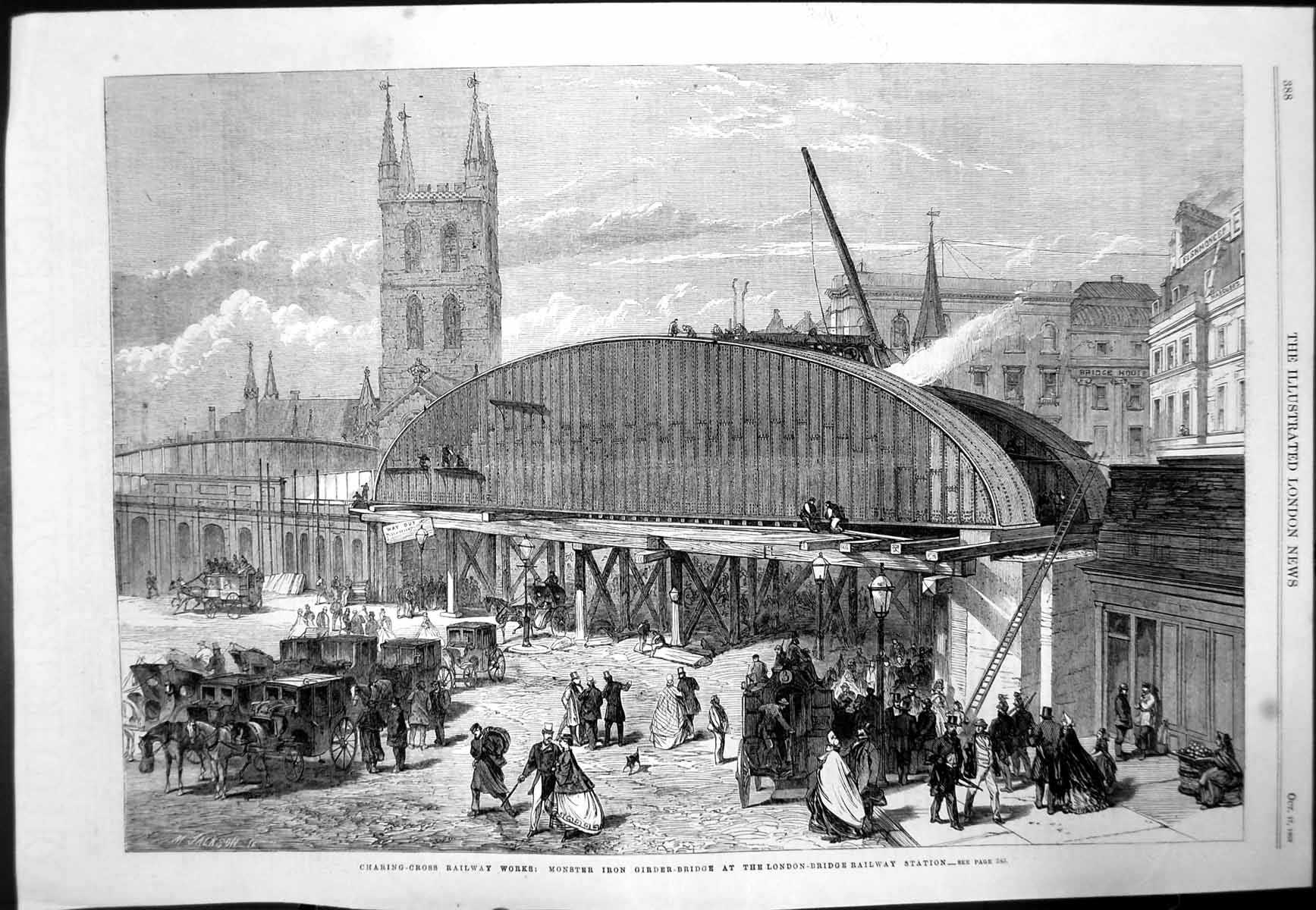 Old Antique Print Iron Girder Bridge London Bridge Railway Station 1863 19th