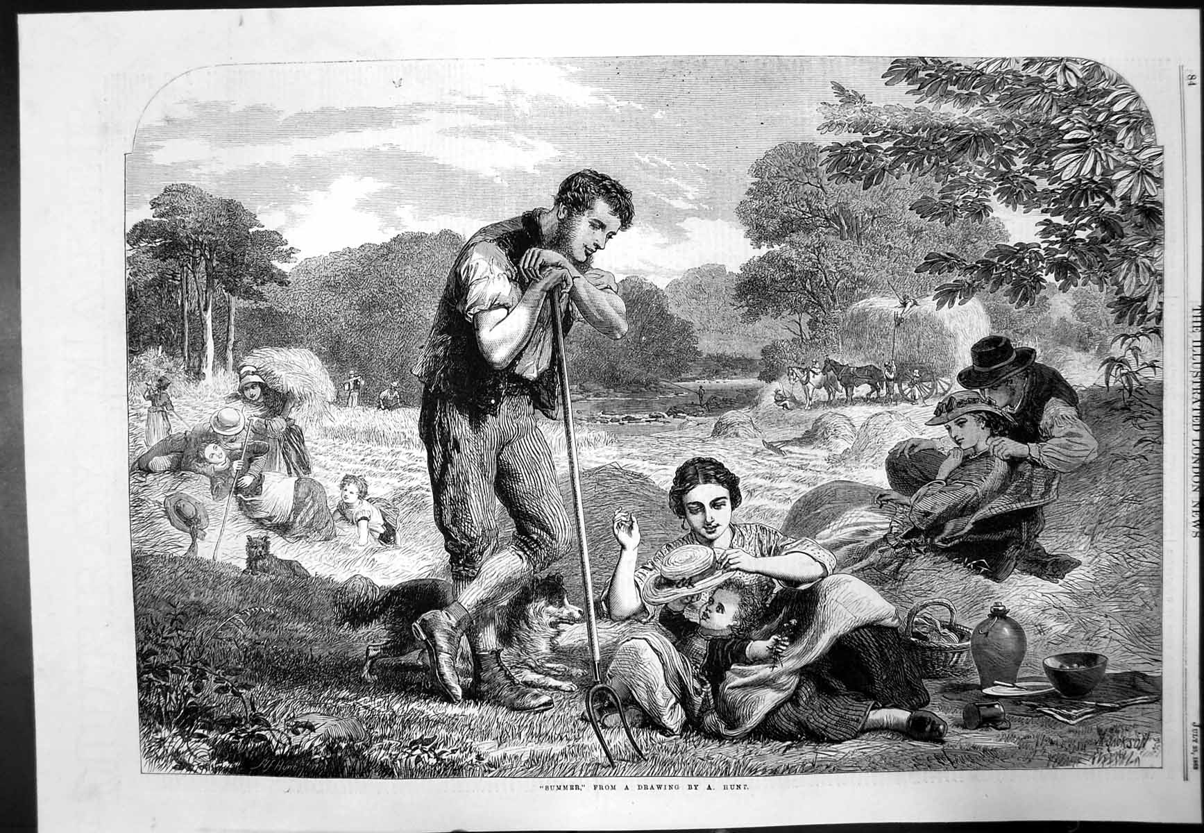Old Antique Print Summer A Hunt Groups Hayfield Hayfork Dogs Horses 1863 19th
