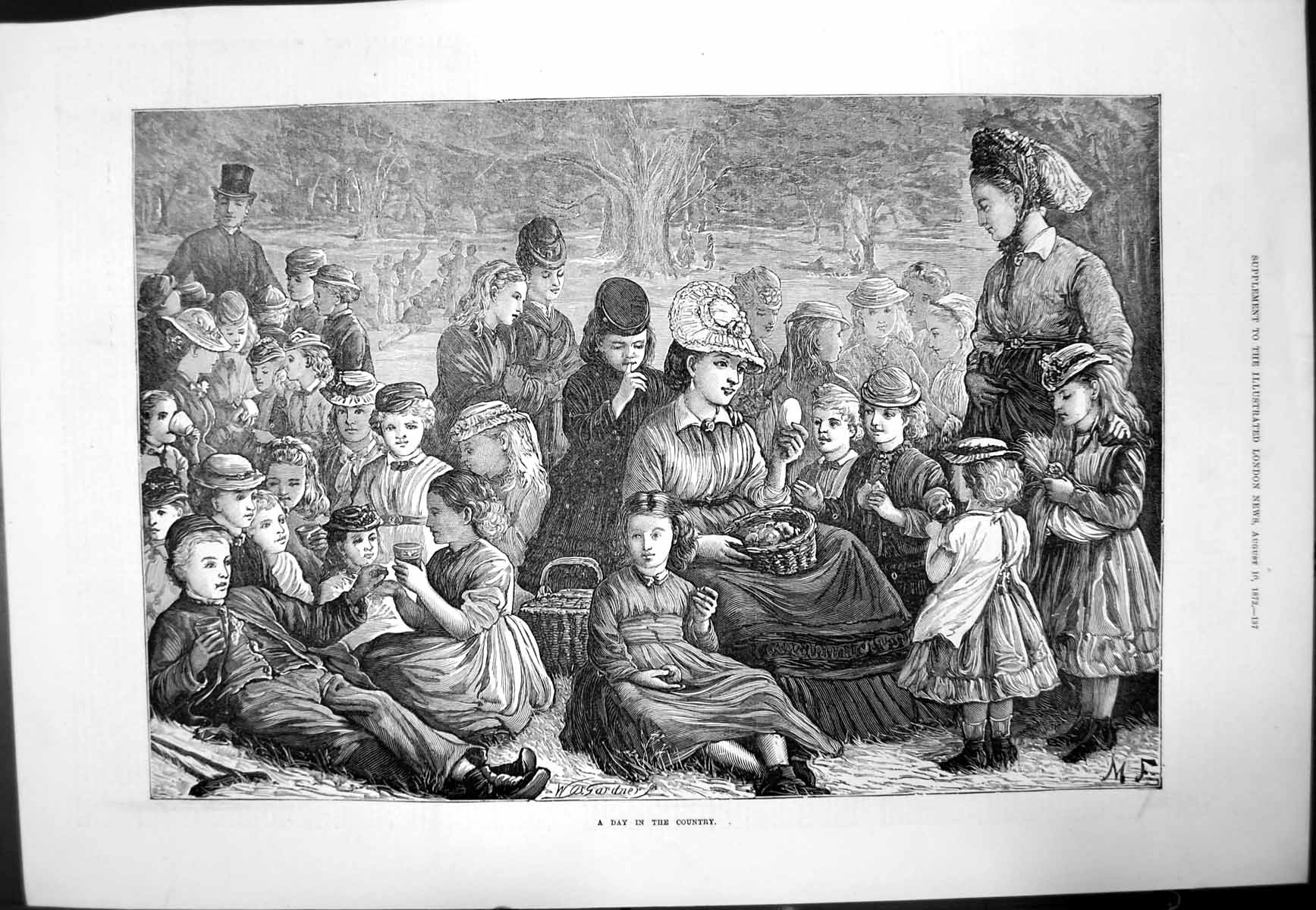 Old Print Day In Country Large Group Adults Children Drinking Eating 1872 19th