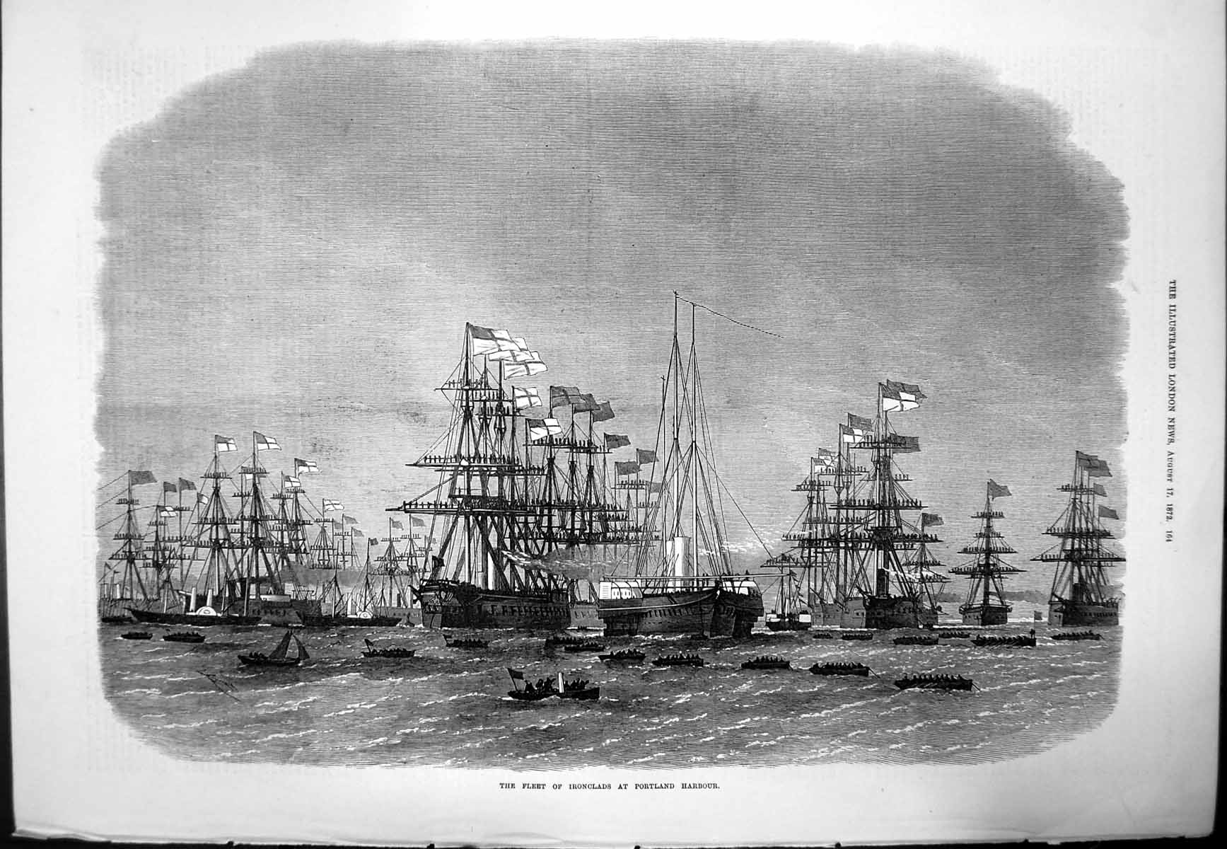 Original Old Antique Print Fleet Ironclads Portland Harbour Smaller Boats 1872
