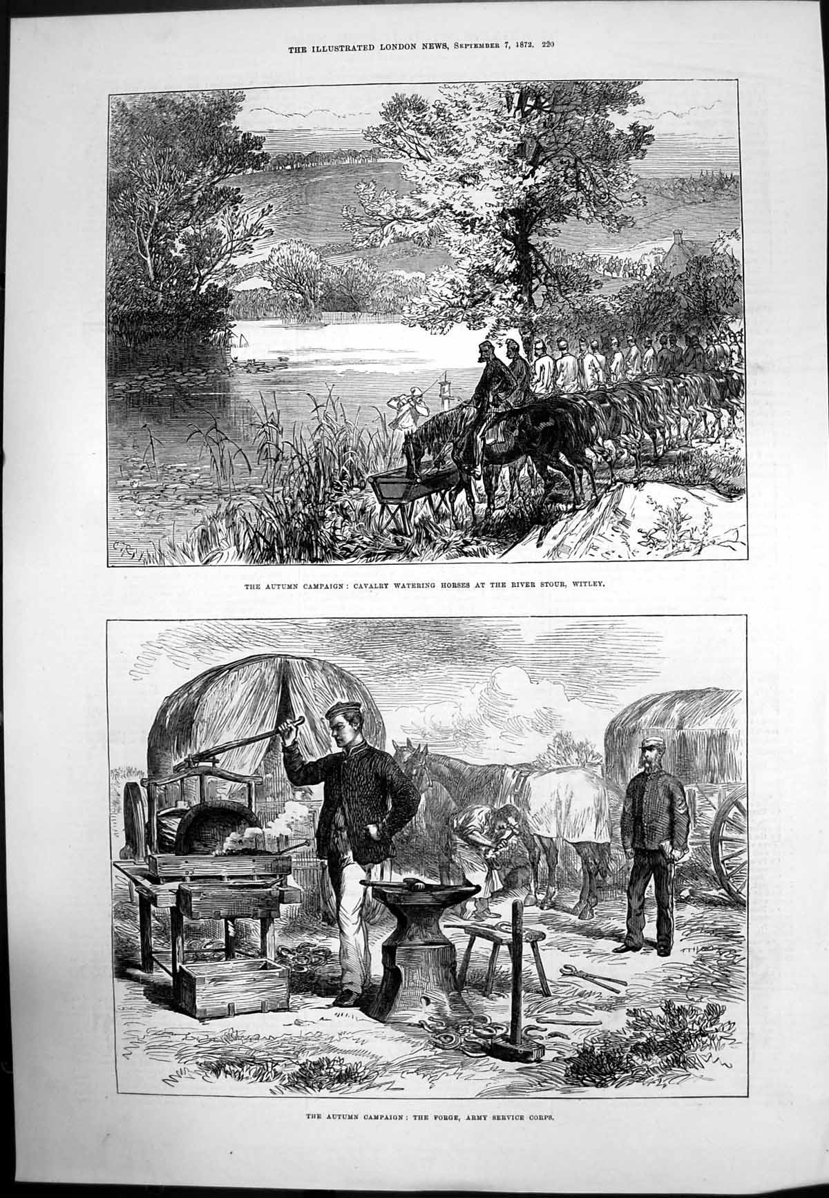Antique Old Print Autumn Campaign Forge Cavalry Watering Horses Witley 1872