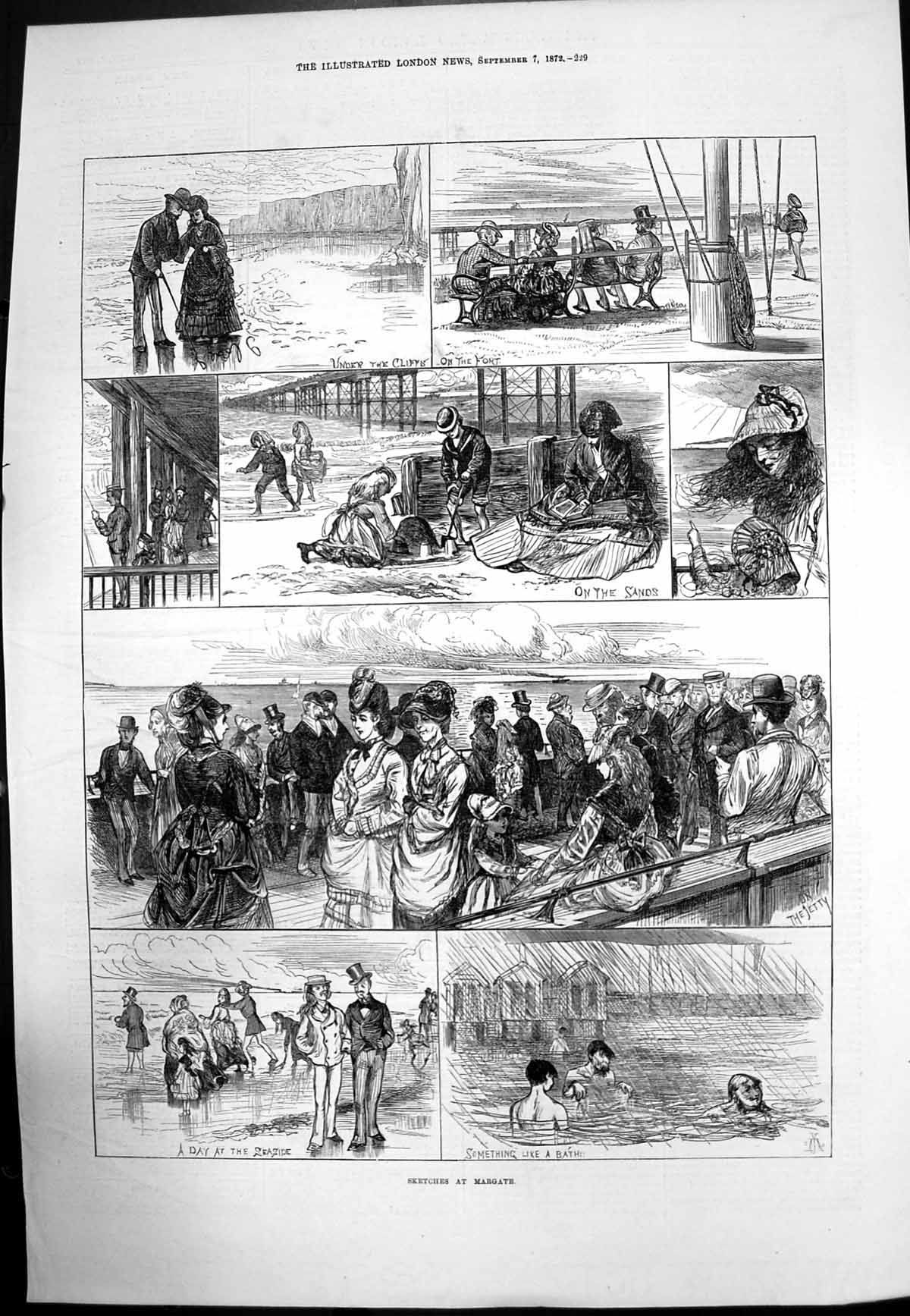 Old Antique Print Sketches Margate Sands Fort Cliffs Seaside Batheing1872 19th