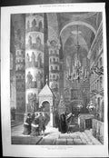 Original Old Antique Print Church Assumption Moscow Interior Praying 1874 19th