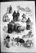 Antique Print Sketches St Petersburg Beggars Monk Nun Railway Carrier 1874 19th