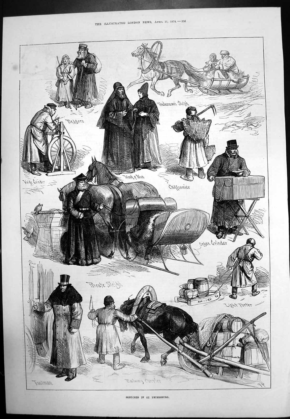 Antique Print Sketches St Petersburg Beggars Monk Nun Railway Carrier 1874 19th
