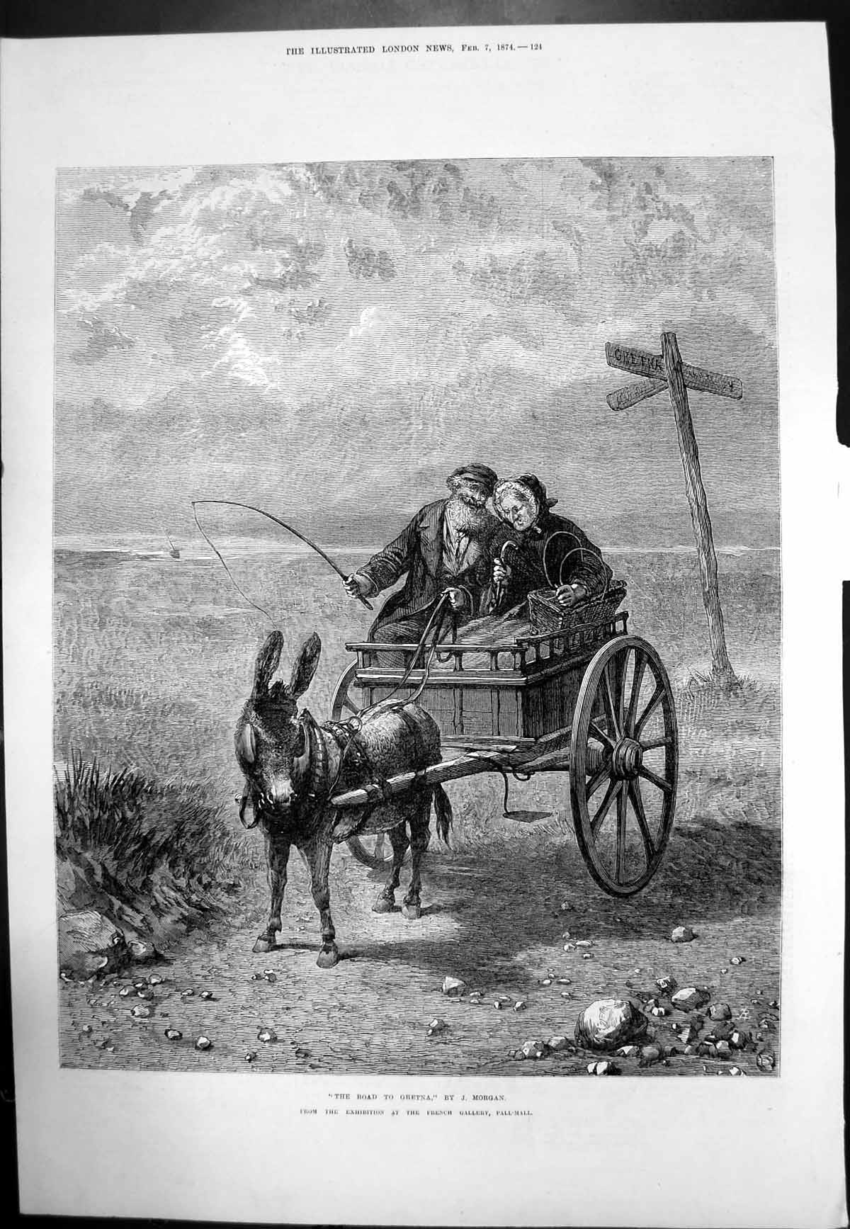 Antique Old Print Road To Gretna J Morgan Donkey Pulling Carriage Couple 1874