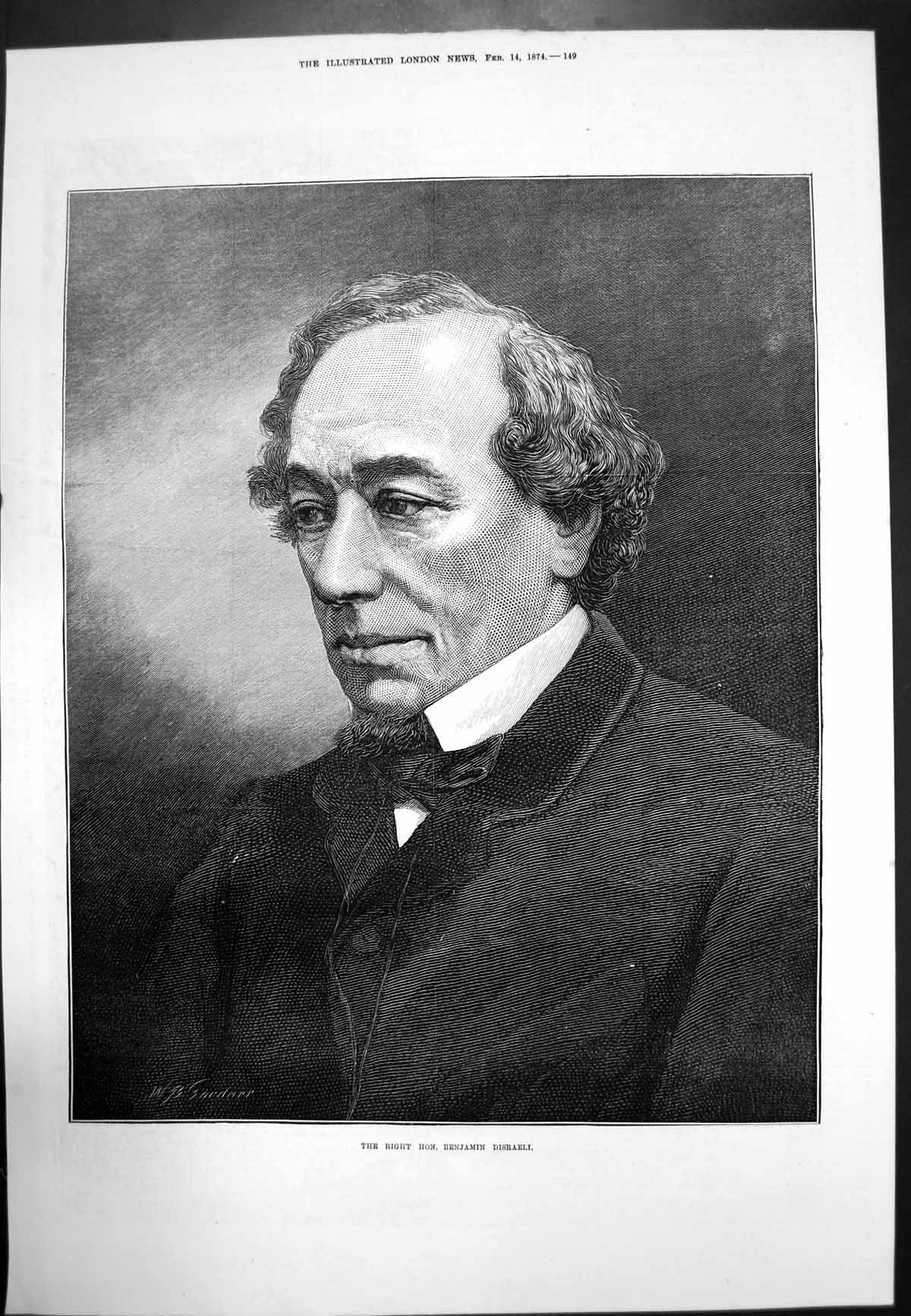 Original Old Antique Print Portrait Right Hon Benjamin Disraeli Wb Gardner1874