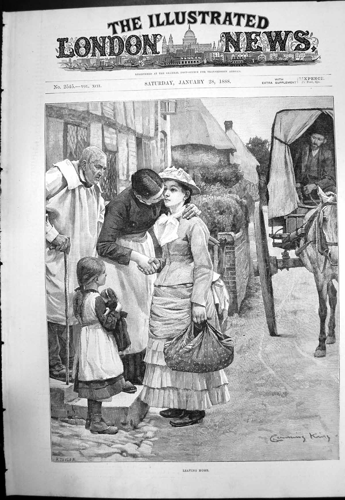 Antique Print Leaving Home Young Woman Kissing Mother Carriage Waiting 1888