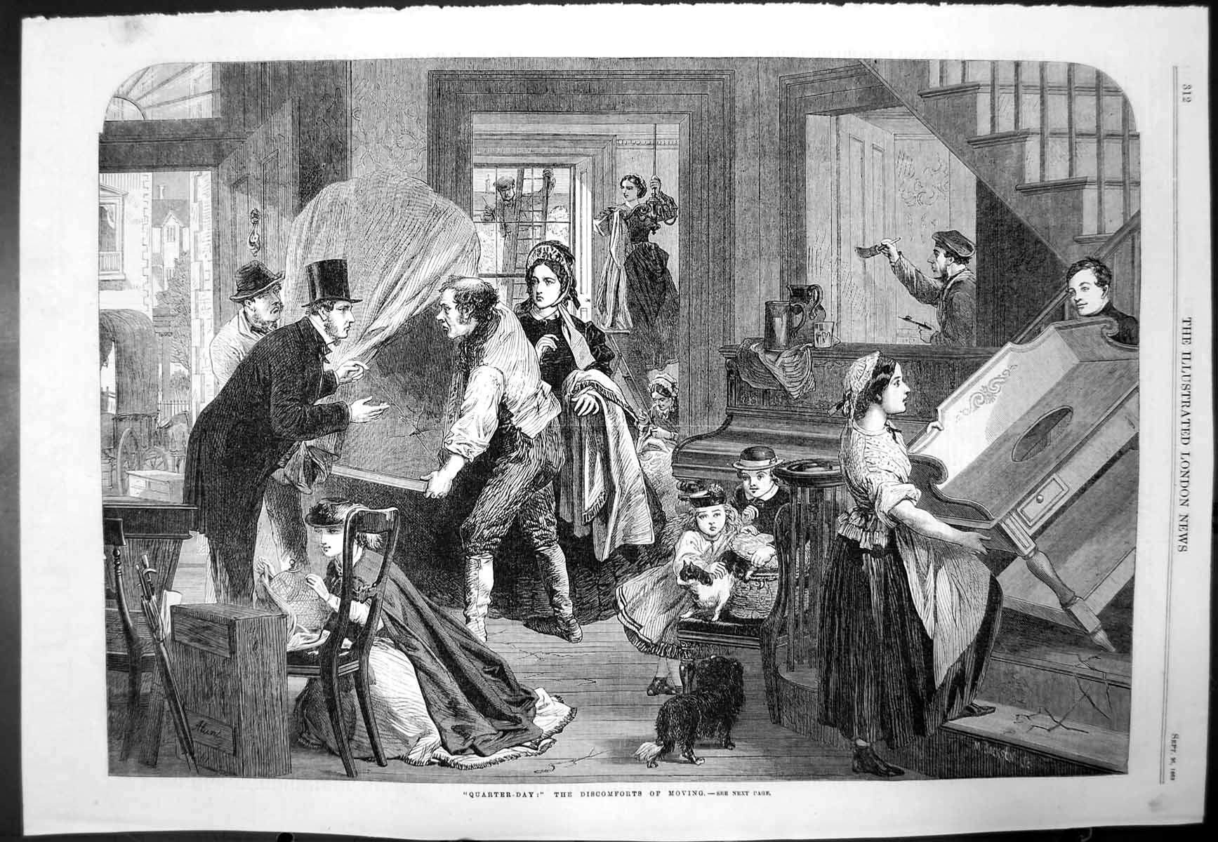 Original Old Antique Print Quarter Day M Jackson Diccomforts Moving Home 1863