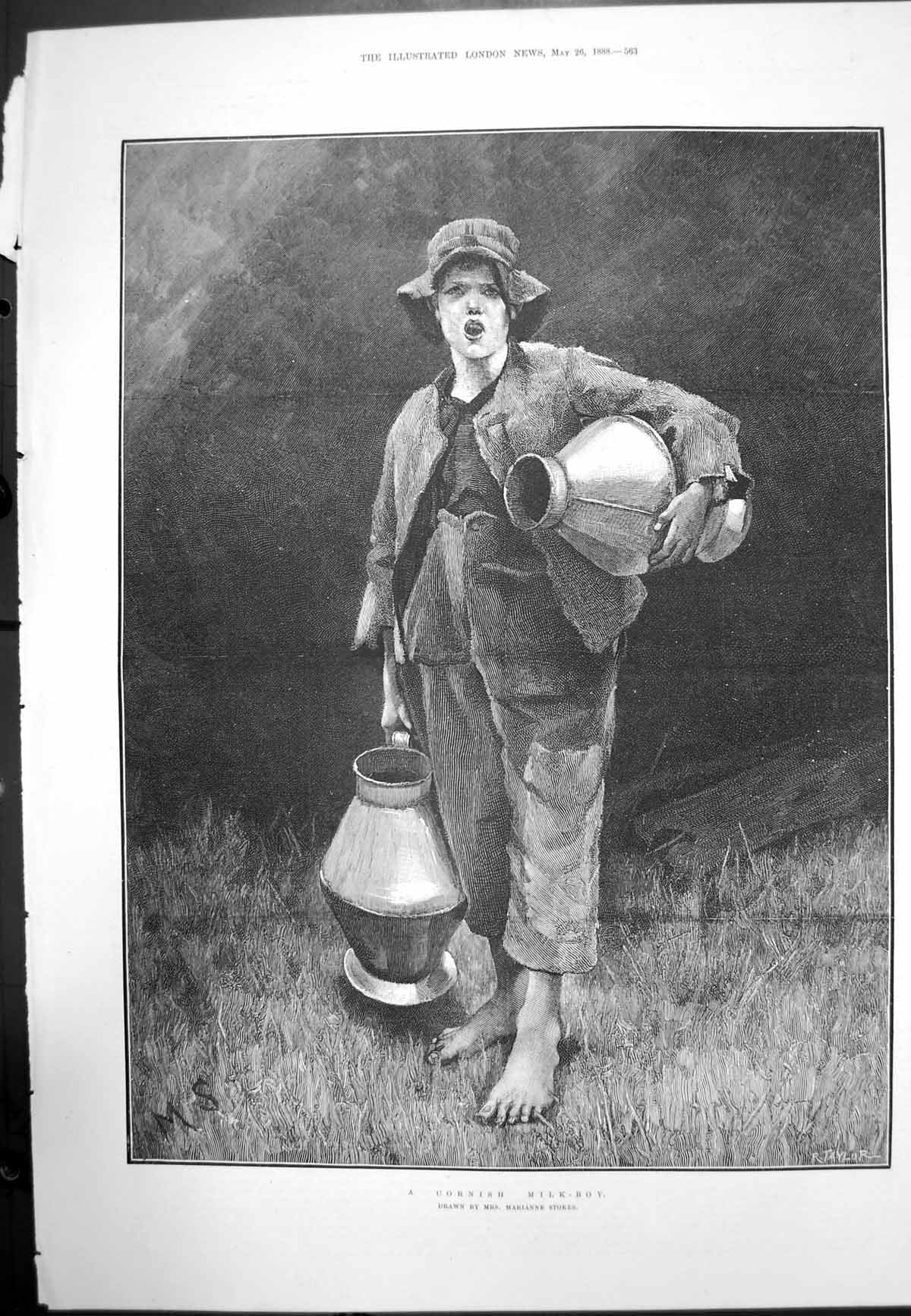 Antique Old Print Cornish Milk Boy Mrs Marianne Stokes Boy Carrying Urns 1888
