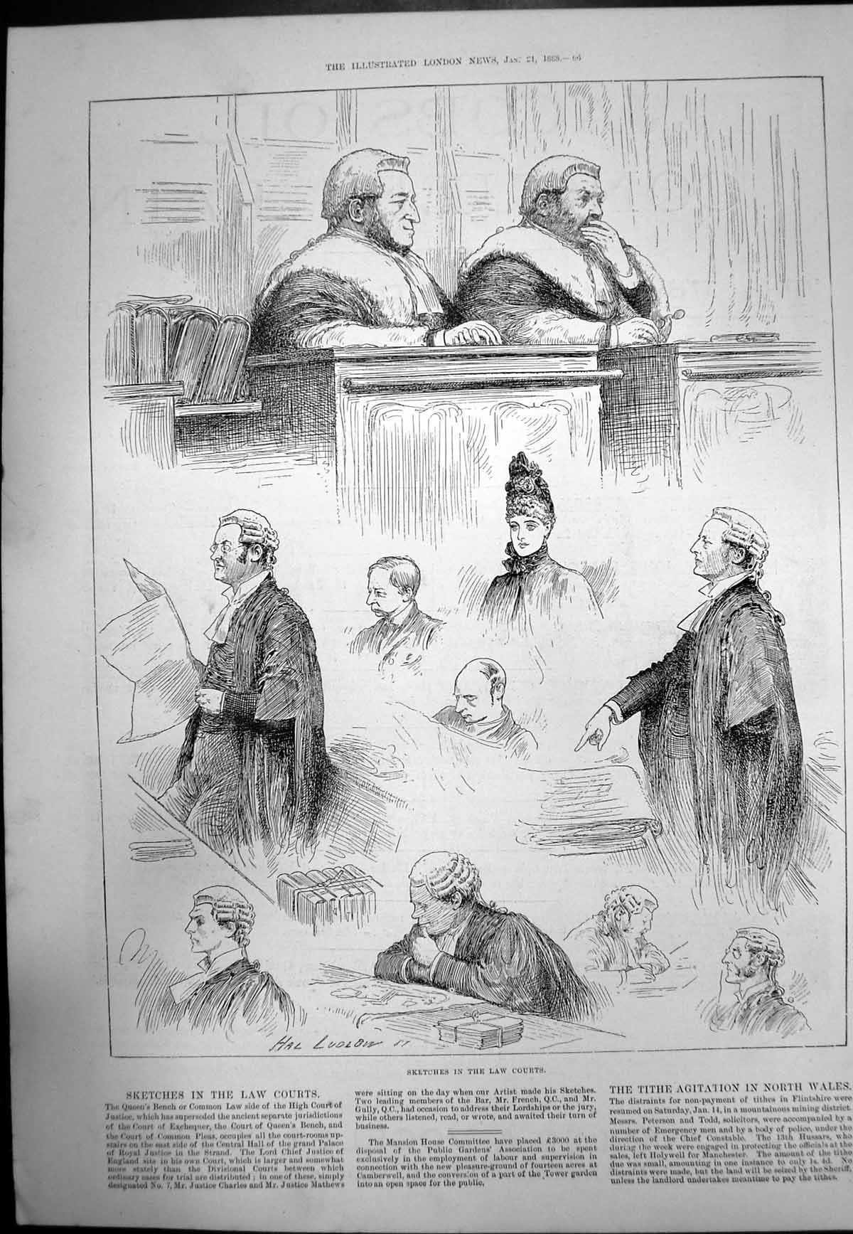 Antique Old Print Sketches Law Courts High Court Justice Queens Bench 1888 19th