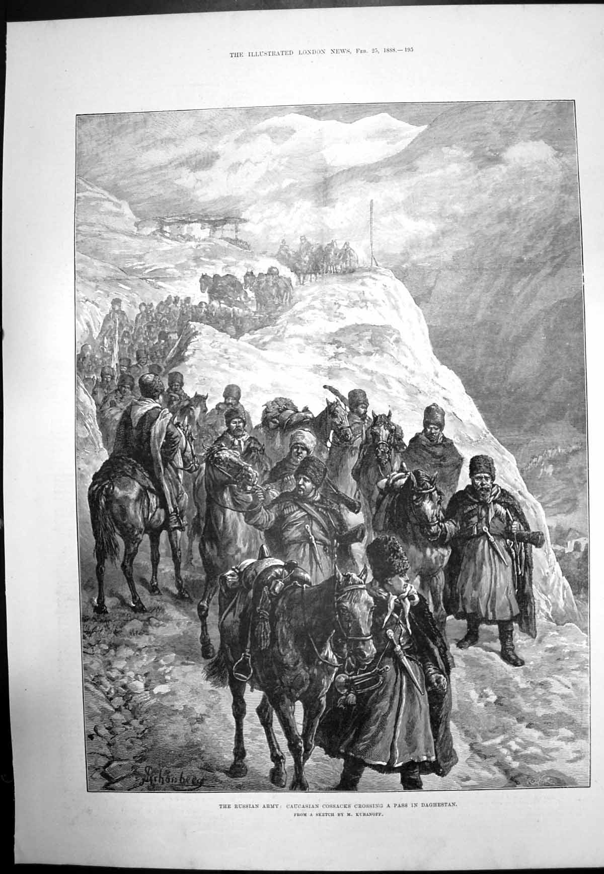 Antique Print Russian Army Caucasian Cossacks Crossing Pass Daghestan 1888 19th