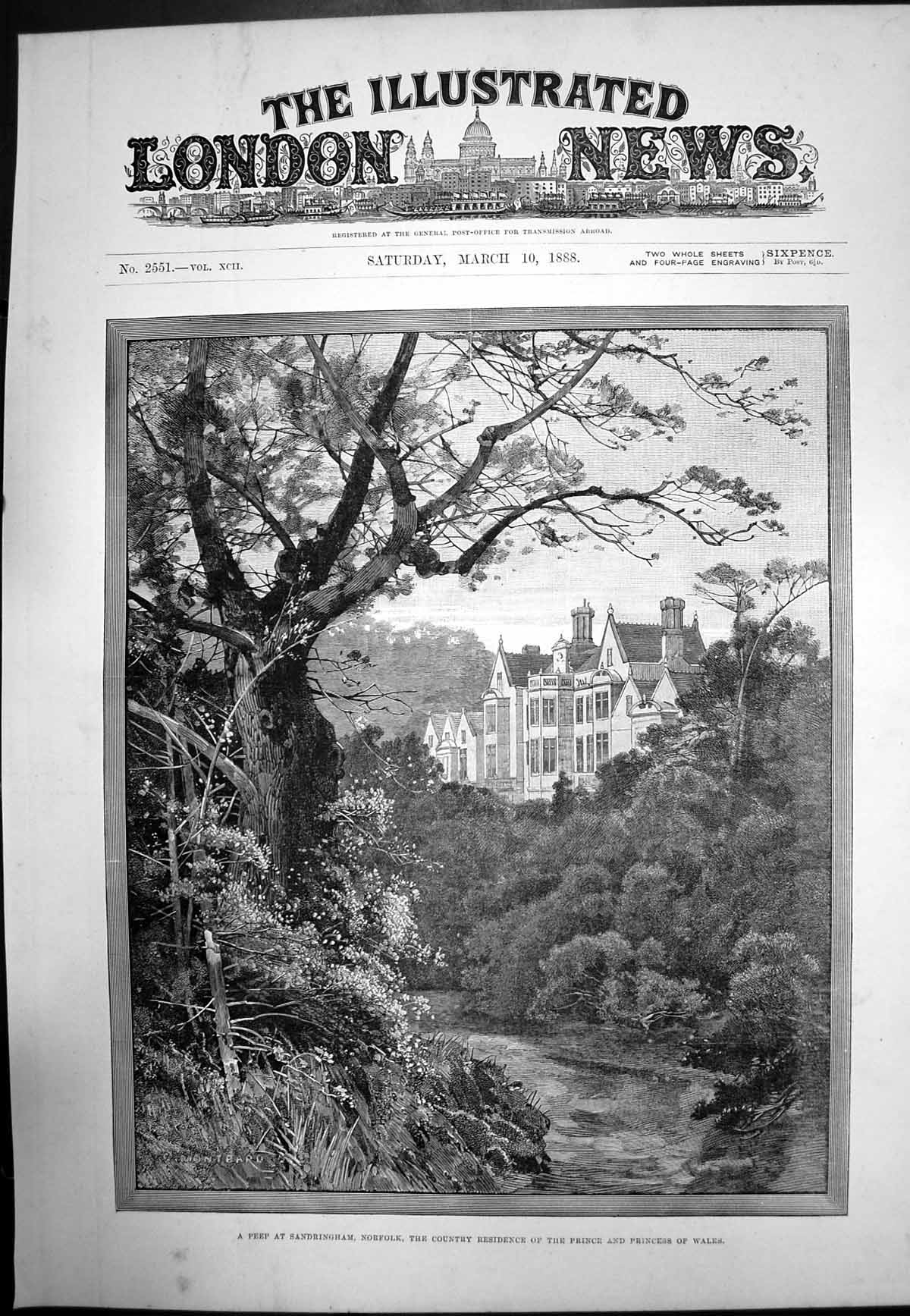Antique Old Print Sandringham Norfolk Prince Princess Wales Residence 1888 19th