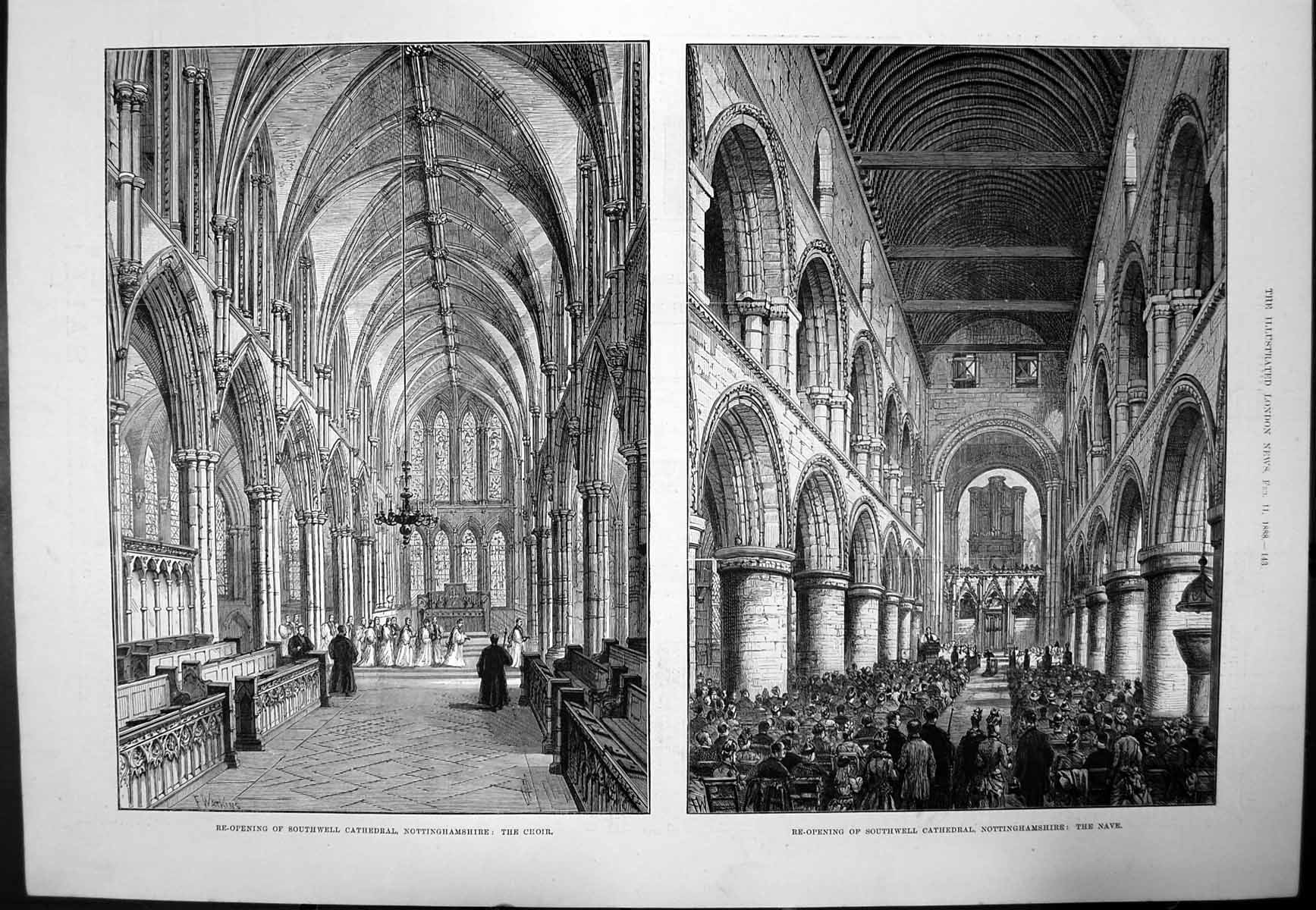 Original Old Antique Print Southwell Cathedral Nottinghamshire Choir Nave 1888